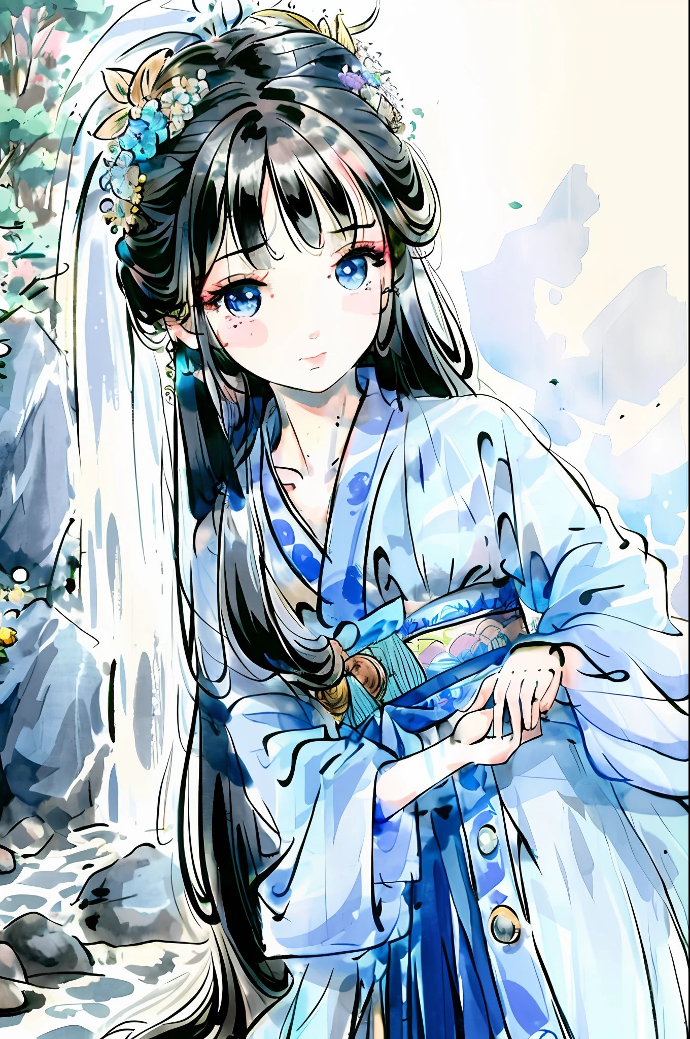 {{Best Quality}}, {{Masterpiece}}, {{Ultra Detail}}, {Illustration}, {Detailed Light}, {Extremely Delicate and Beautiful}, A Girl, {Beautiful Detail Eyes}, Stars in Eyes, Messy Floating Hair, Colored Inner Hair, Starry Sky Decorative Hair, Depth of Field, Chinese Painting, Girl in the Garden, Girl Sitting by the Pool, Sticking Her Feet into the Pool, Rockery, Waterfall and Small Trees in the background, Delicate Face, Beautiful Eyes, Girl Stretching Her Waist, Girl in Hanfu, Light Blue and White Hanfu
