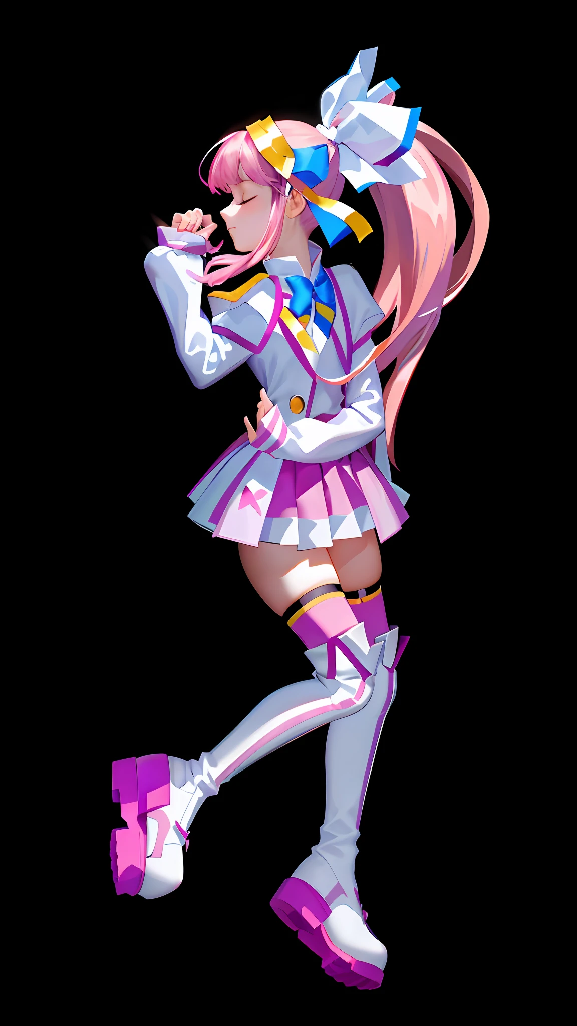(Masterpiece: 1.5), (Best quality: 1.5), 8k,1 girl, eyes closed, mouth closed, pink hair, single ponytail, white top, pink pleated skirt, pink over-the-knee socks, white long boots, (no background: 1.5)