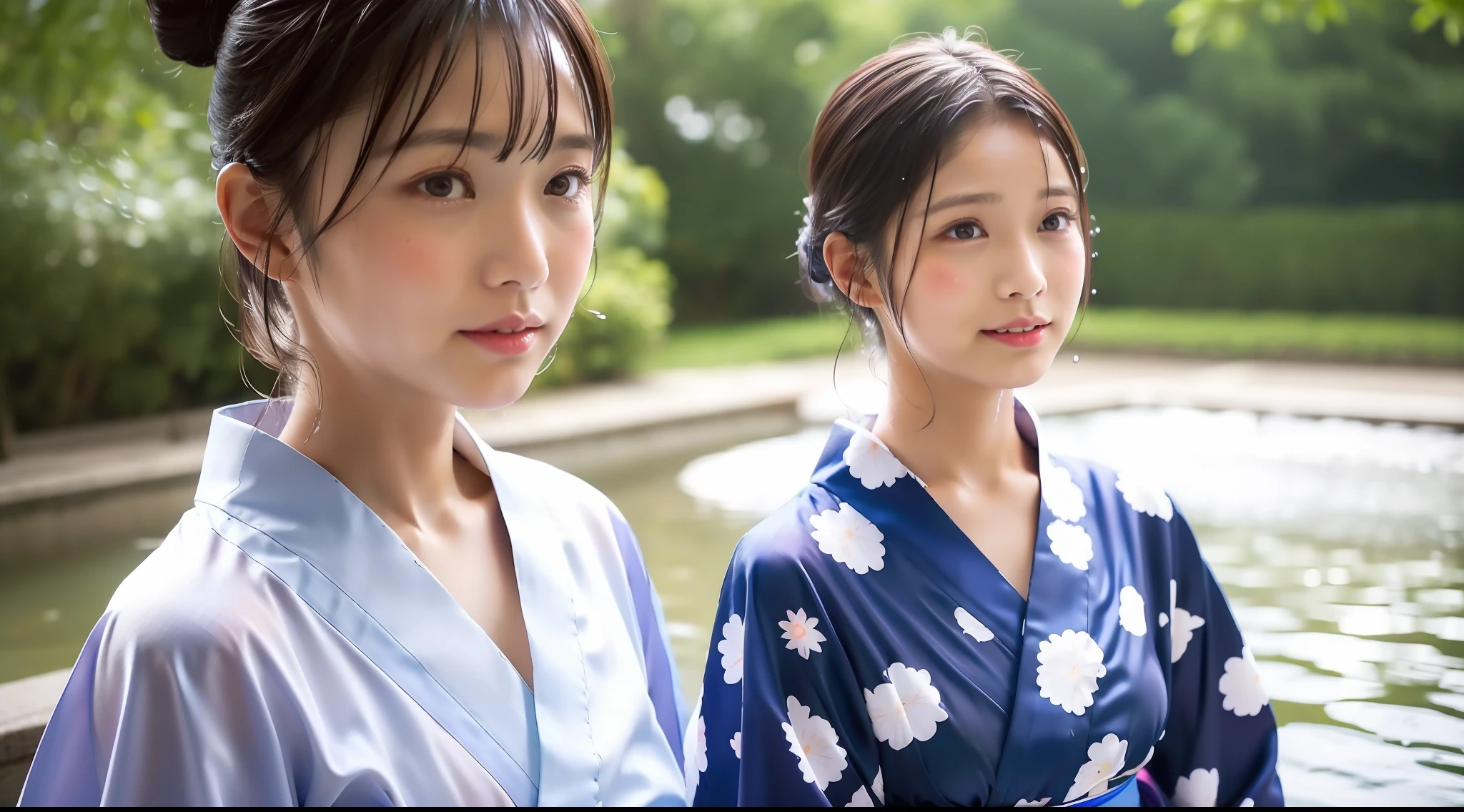 Yukata, Japan summer, beautiful girl, yukata collar and hem dripping, drenched by rain, water droplets on skin, face up, alone
