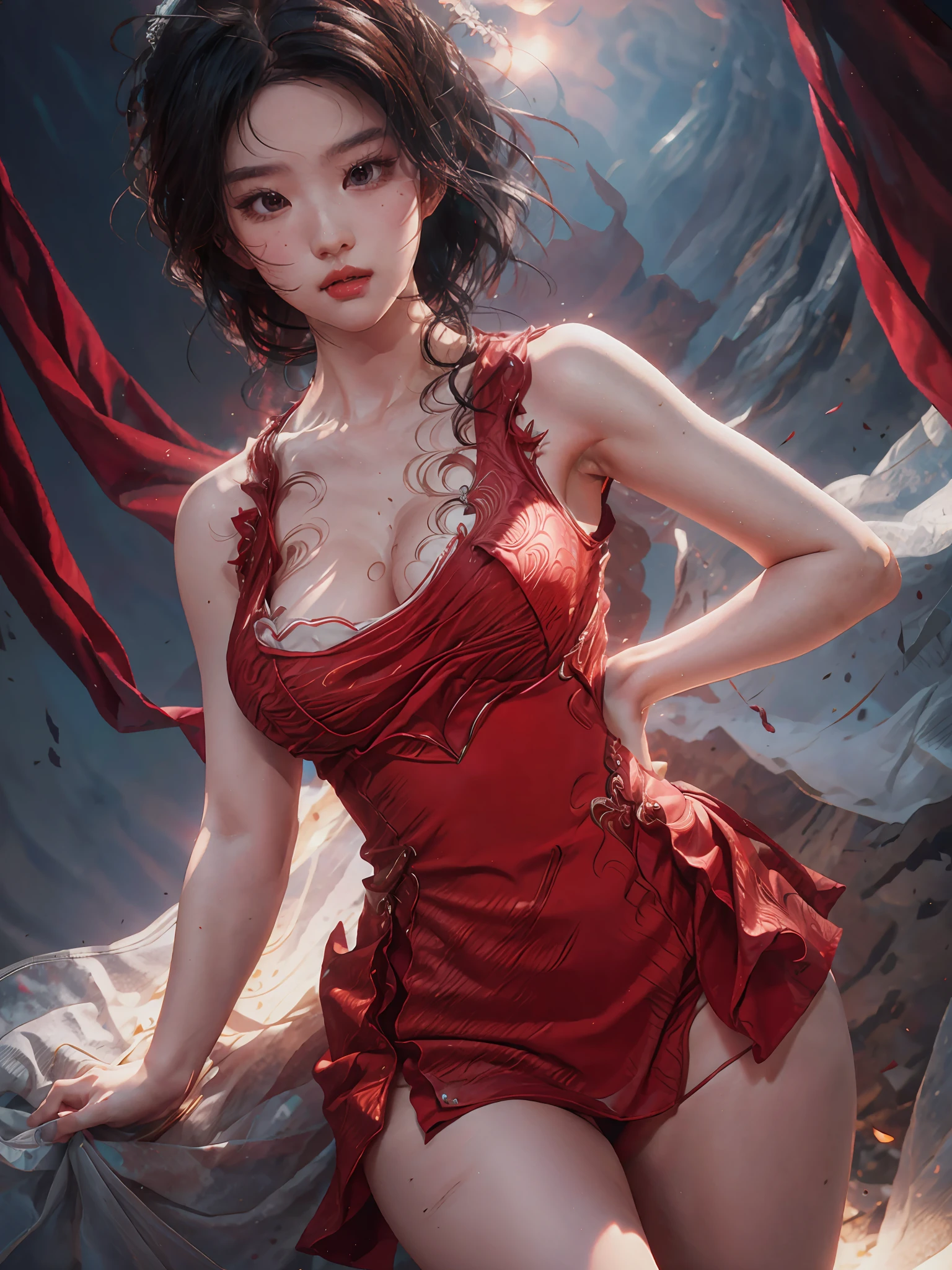 Ace, 4k, High Resolution, Masterpiece, Best Quality, Head: 1.3, (Korean K-pop Idol), Delicate Skin, Sharp Focus, (Cinema Lighting), Clavicle, Morning, Soft Light, Dynamic Angle, [:(detailed face:1.2):0.2], armpit wrinkles, thigh gap, red dress, slim, mid-chest, cleavage, full body, --auto --s2