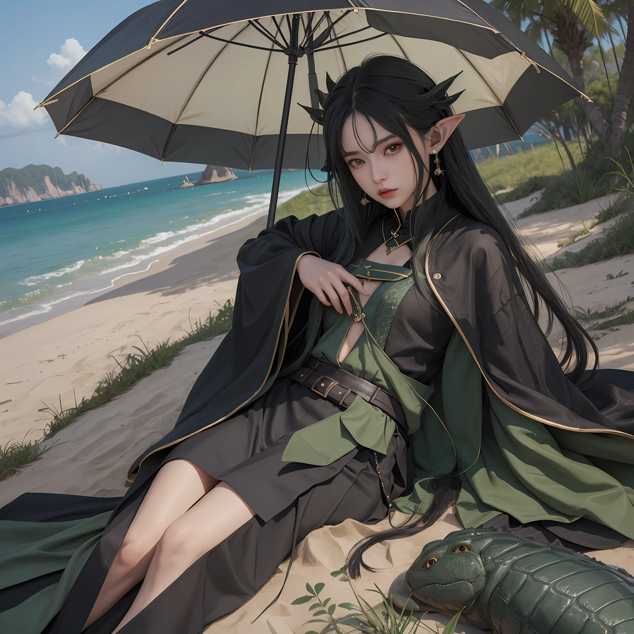Arknights game gharial, 1 girl, long straight dark green hair, lying on sand, black coat, black skirt, under umbrella, crocodile tail, elf ear, earrings, anime --auto --s2