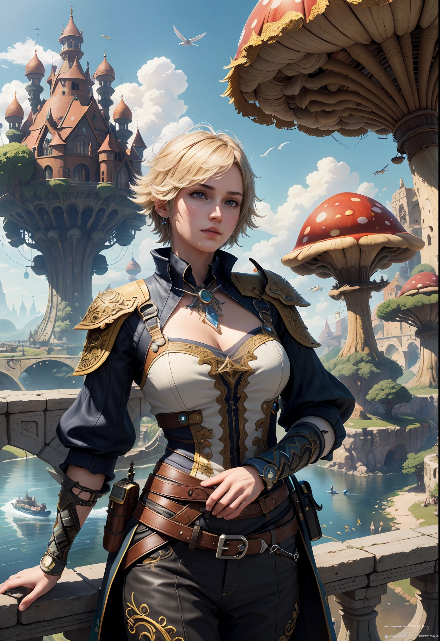 (((Multiplayer, Man and Woman))), Best Quality, Realistic, Realistic, Award-Winning Illustrations, (Intricate Details: 1.2), (Fine Details), (Intricate Details), (Cinematic Light, Best Quality Backlight), Clear Lines, Sharp Focus, Official Art, Unity 8k Wallpaper, Ridiculous, Incredibly Ridiculous, Fantasy Art, RTX, ((Award-winning Triangle Studio Close-up Photo)), 1 Boy, (Shut Up), Best Quality, 4K, beautiful mysterious creatures, blond male, flying, surrealism, masterpiece of NCWINTERS, masterpiece in mysterious country town, masterpiece, intricate details, ff14style, urban painting, bridge, river, giant mushroom, landscape, bright colors,