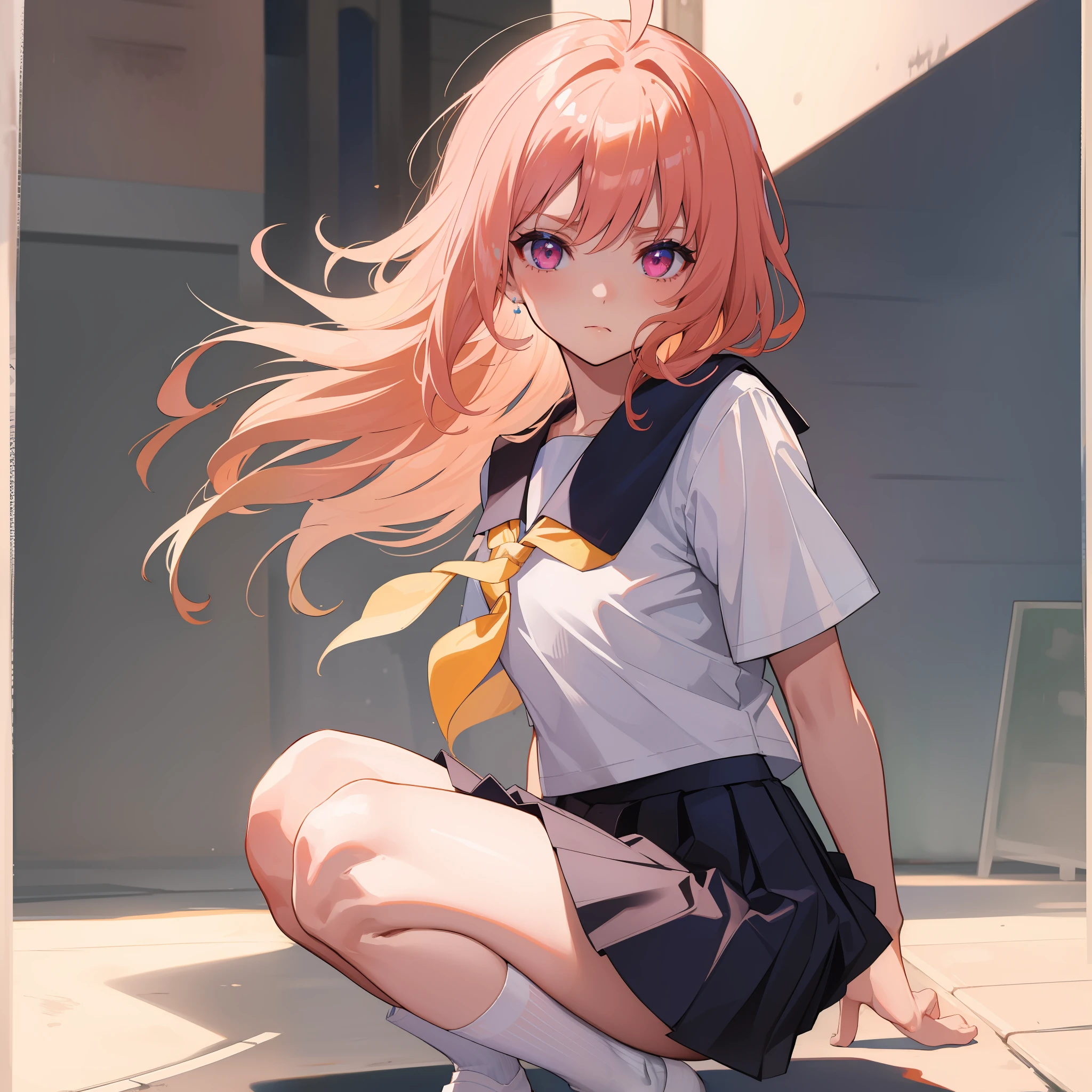 (Masterpiece), ((Best Quality)), (Super Detail), 1 Girl, Peach-colored Hair, Small, Short Sture, Straight Long, Ahoge, Street, Squatting, , School Uniform, Skirt, Socks, Serapuk, Neckerchief, Sailor Color, Pleated Skirt, White Socks, Blue Skirt, Short Sleeve, Shirt, White Shirt, Blue Sailor Color, Blue Neckerchief, Bangs, Frown, Pink Eyes, Perfect Hands, Hand details, modified fingers. earrings, looking_at_viewer, top quality, rich details, perfect image quality,