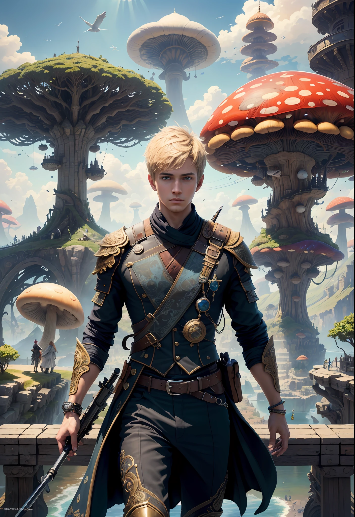 (((Multiplayer, Man and Woman))), Best Quality, Realistic, Realistic, Award-Winning Illustrations, (Intricate Details: 1.2), (Fine Details), (Intricate Details), (Cinematic Light, Best Quality Backlight), Clear Lines, Sharp Focus, Official Art, Unity 8k Wallpaper, Ridiculous, Incredibly Ridiculous, Fantasy Art, RTX, ((Award-winning Triangle Studio Close-up Photo)), 1 Boy, (Shut Up), Best Quality, 4K, beautiful mysterious creatures, blond male, flying, surrealism, masterpiece of NCWINTERS, masterpiece in mysterious country town, masterpiece, intricate details, ff14style, urban painting, bridge, river, giant mushroom, landscape, bright colors,