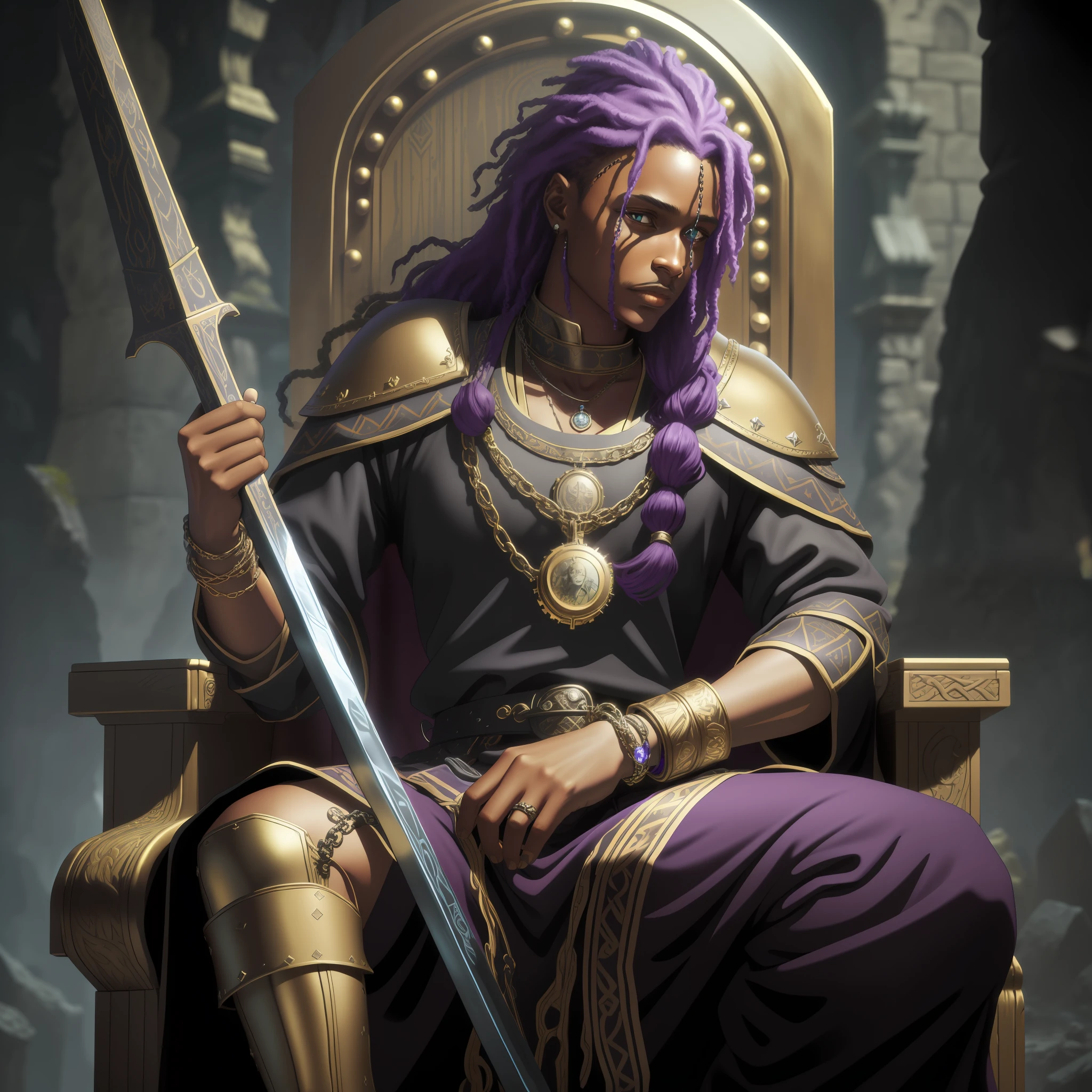 (ultra-detailed, extremely detailed CG unity 8k wallpaper, best quality, masterpiece),sitting on a throne of spades, alonein studio,with gold necklaces and bracelets,the best of all, purple dreads hair,big and bright eyes,wearing black clothes,(Game of Thrones-inspired environment, castle environment:1.3,medieval environment:1.2,fantasy environment),dark skin tone.