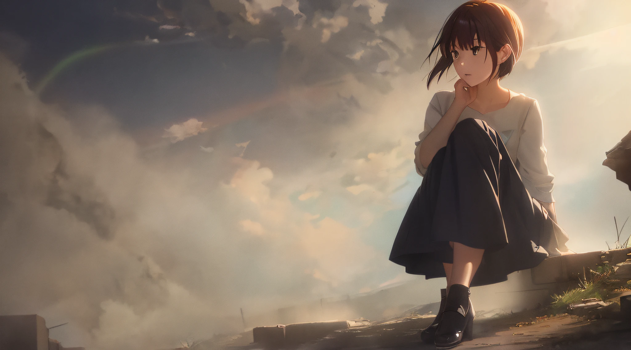 Detailed and perfect anime style illustration, brown short hair, very cute young woman, perfect round eyes, female focus, solo, wearing gray shirt, wearing a gray very long skirt. Sitting on the ground with his knees in his hands, very sad expression, wearing brown pumps, daydreams, strange background wrapped in dramatic and fantastic mist, brown cracked wall in the immediate vicinity, large rubble scattered around, dramatic lighting Makoto Shinkai