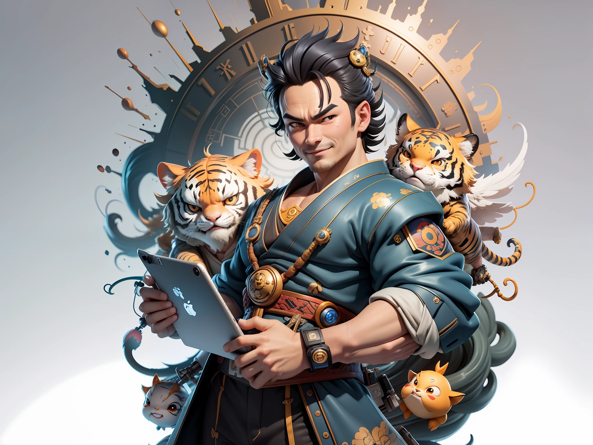 (Masterpiece), (Excellent), (Super Meticulous), (Full Body: 1.2), Super Young Man with Japanese Female Geisha, Beauty, Chinese Dragon, Tiger, Wind God Thor, Sexy, Bursting, Oriental Face, TV Anchor, Bust Portrait Illustration, Black Suit, Blue Tie, Slightly Chubby, Very Clean Face, No Beard, Black Super Short Hair, Black Eyes, Confident Smile, 3c Computer Sub-Products, iPad, iPhone, Digital Painting, 3D Character Design by Mark Claireden and Pixar and Hayao Miyazaki and Akira Toriyama, The illustration is a high-definition illustration in 4K resolution with very detailed facial features and cartoon-style visuals.