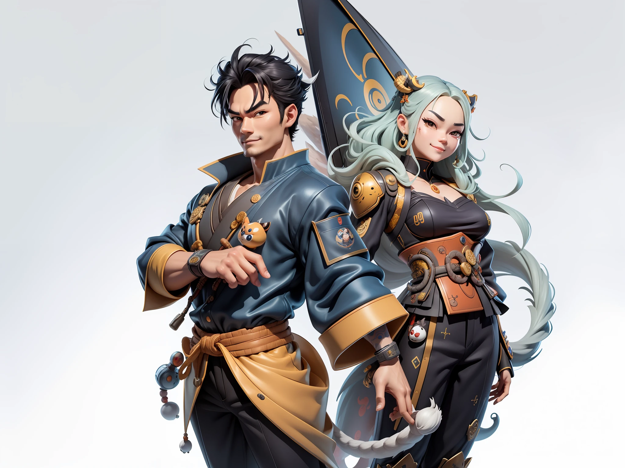 (Masterpiece), (Excellent), (Super Meticulous), (Full Body: 1.2), Super Young Man with Japanese Female Geisha, Beauty, Chinese Dragon, Tiger, Wind God Thor, Sexy, Bursting, Oriental Face, TV Anchor, Bust Portrait Illustration, Black Suit, Blue Tie, Slightly Chubby, Very Clean Face, No Beard, Black Super Short Hair, Black Eyes, Confident Smile, 3c Computer Sub-Products, iPad, iPhone, Digital Painting, 3D Character Design by Mark Claireden and Pixar and Hayao Miyazaki and Akira Toriyama, The illustration is a high-definition illustration in 4K resolution with very detailed facial features and cartoon-style visuals.