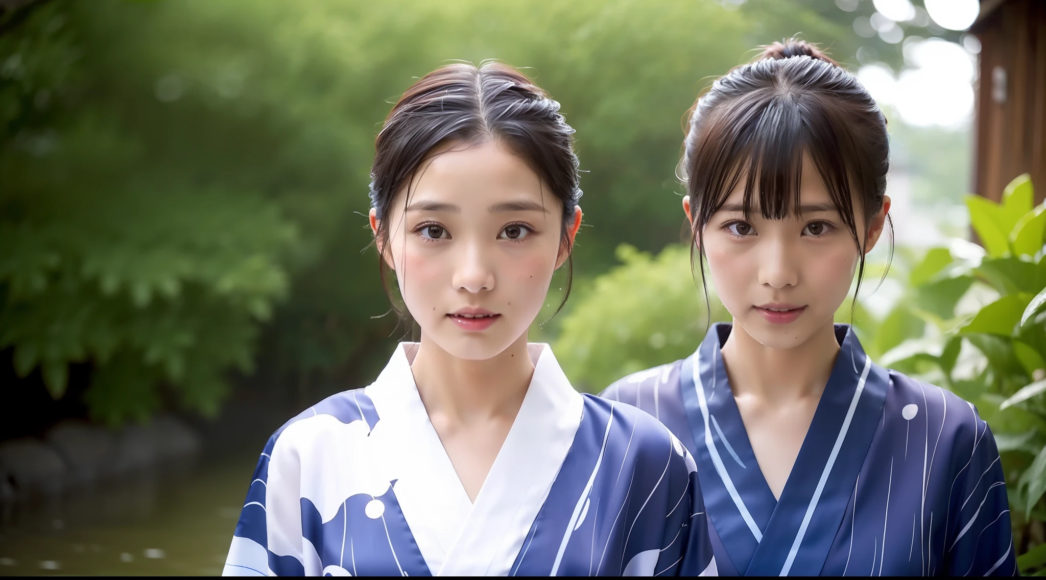 Yukata, Japan summer, beautiful girl, yukata collar and hem dripping, drenched by rain, water droplets on skin, face up, alone
