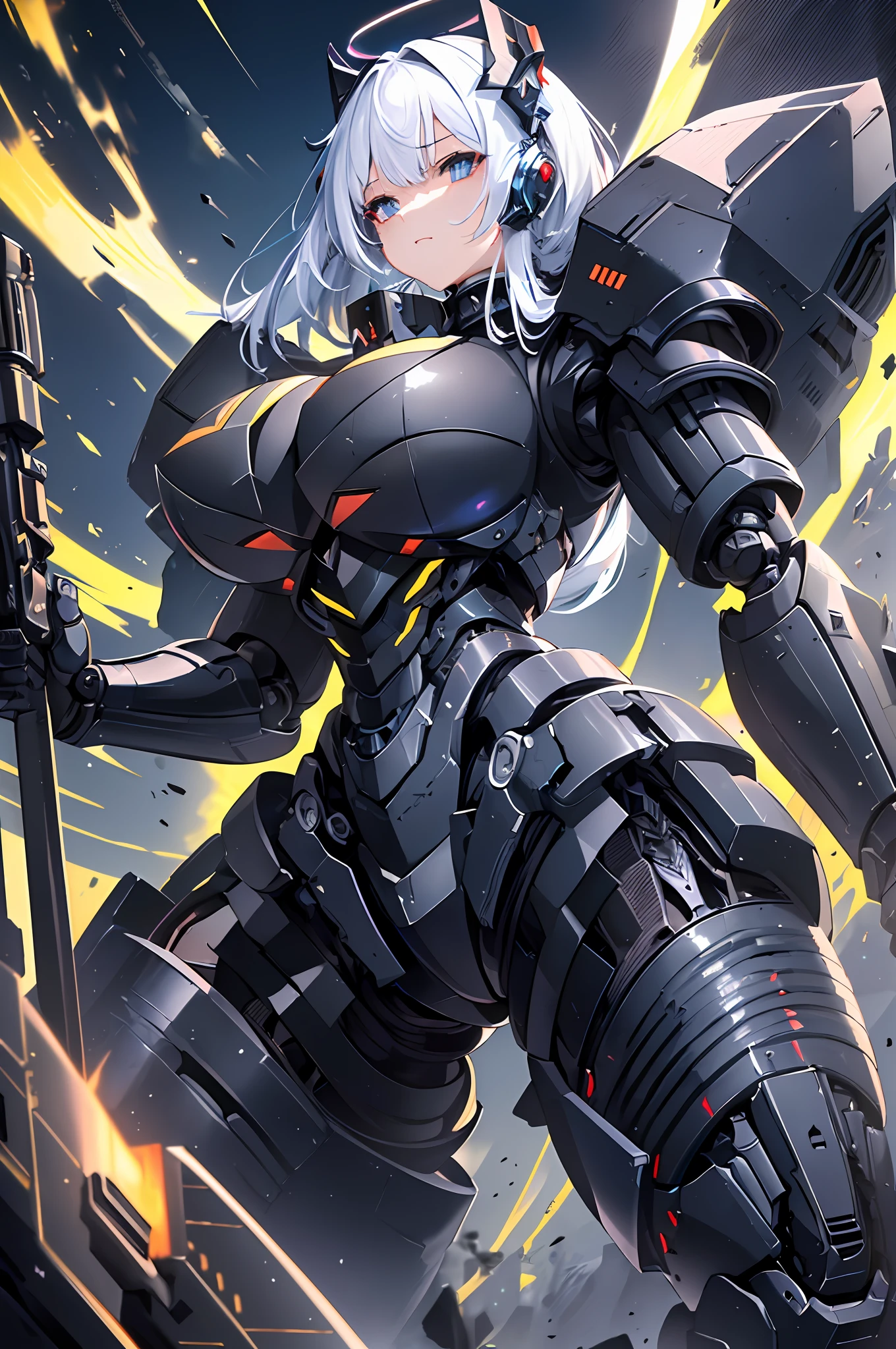 Top quality, masterpiece, highly detailed 8k wallpaper, female robot, mechanical joint limbs, the whole body is covered with heavy mechanical armor, connected cables, tubes connecting the body, long white hair, huge armor on both shoulders, huge thrusters on the hips, open stance, depiction from knees to head, floating mechanical fortress, (Sharp-angled headgear on both sides of the head:1.2), (Mechanical Giant Black Halo: 1.2), backpack weapon, Black Giant Weapon, Black Giant Canon, Black Giant Laser Rifle, Mechanical Nuclear Giant Rifle,