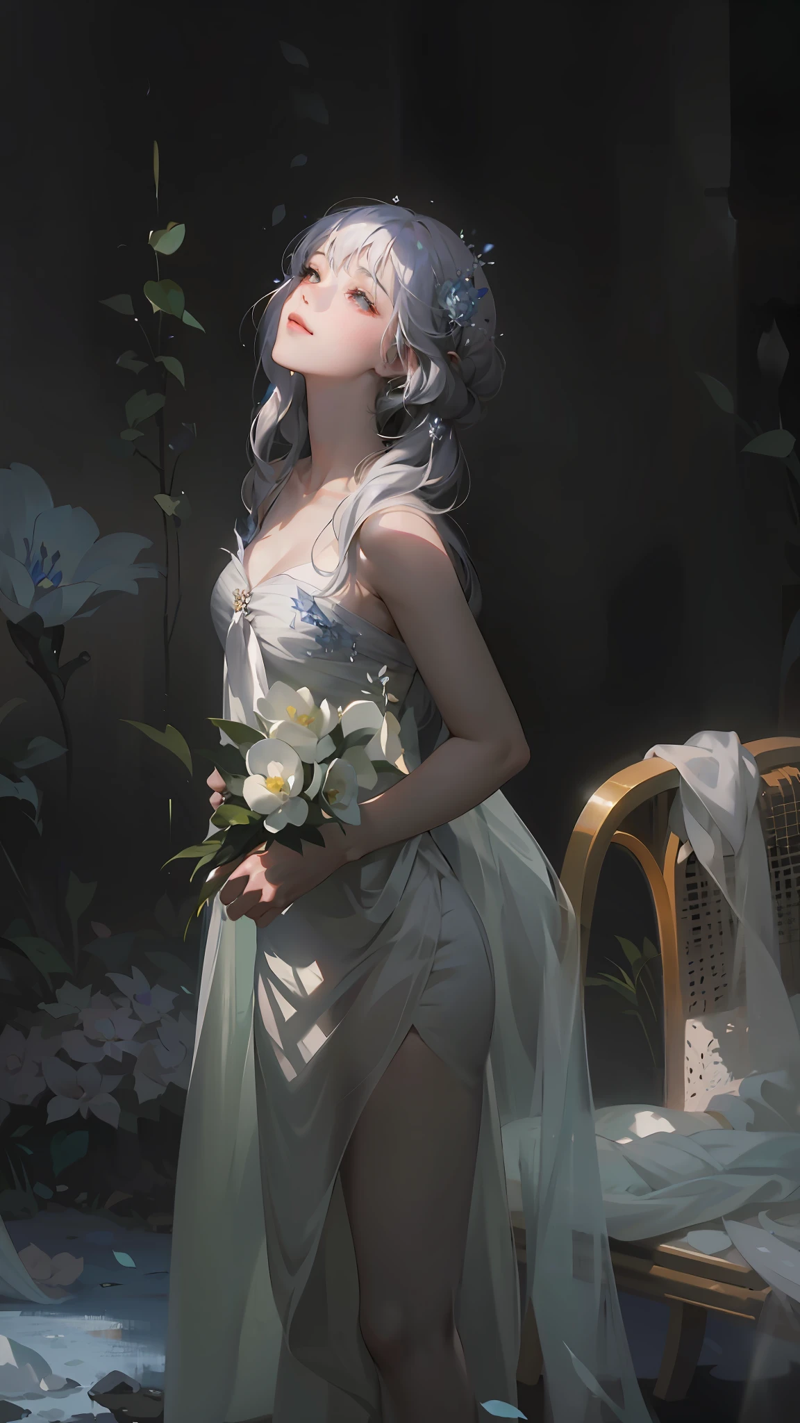 there is a woman in a white dress holding a flower, ethereal beauty, a stunning young ethereal figure, ethereal fairytale, ethereal and dreamy, guweiz, with frozen flowers around her, beautiful maiden, very ethereal, with ethereal light, dreamy and ethereal, soft ethereal lighting, with flowers, ethereal fantasy, romanticism lain, ethereal!!!!!!!, dreamy atmosphere and drama