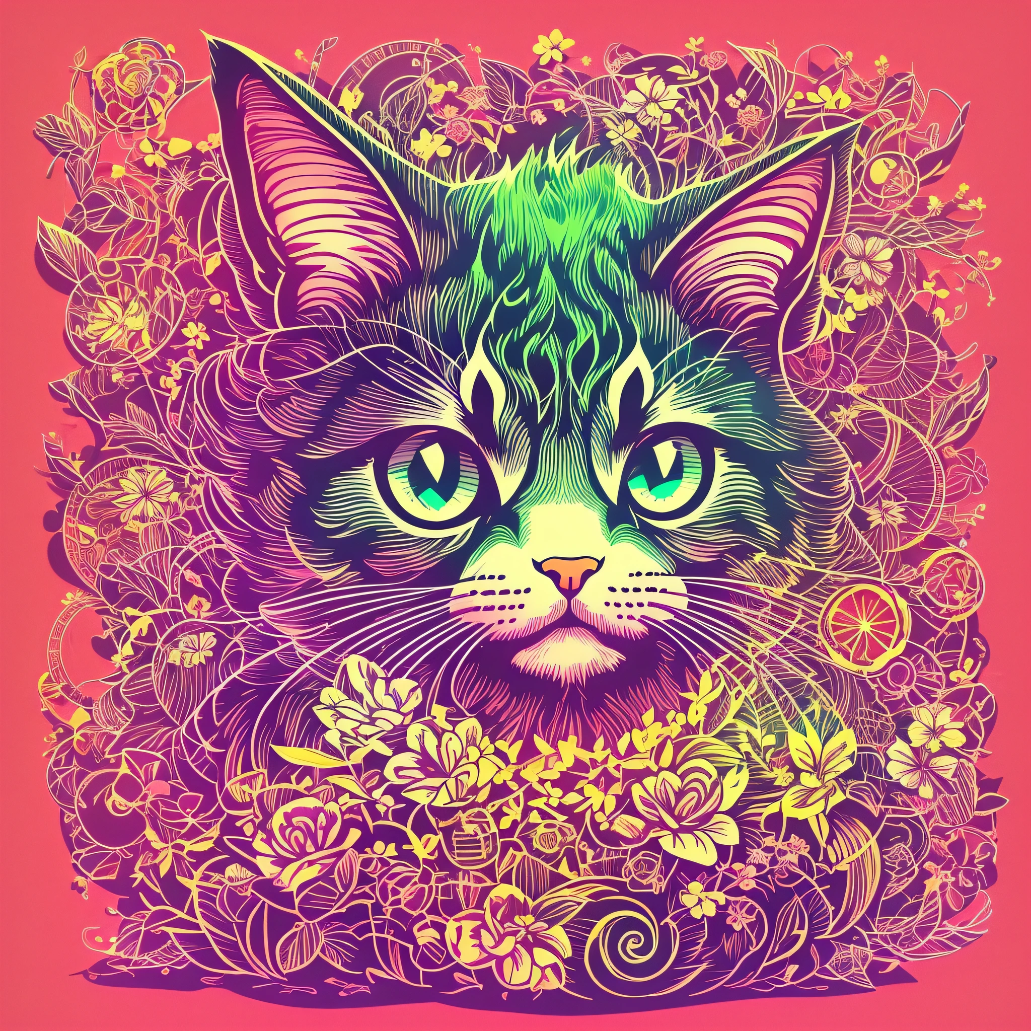 STICKY, A detailed illustration a vivid cute cat head print, splash fantasy flowers, vintage t-shirt design, Studio Ghibli style, white and orange pink flora pastel tetradic colors, 3D vector art, cute and quirky, fantasy art, watercolor effect, bokeh, adobe illustrator, hand drawn, digital painting, low-poly, soft lighting, panoramic view, isometric style, retro aesthetics, character-focused, 4K resolution, photorealistic rendering, using Cinema 4D --auto --s2