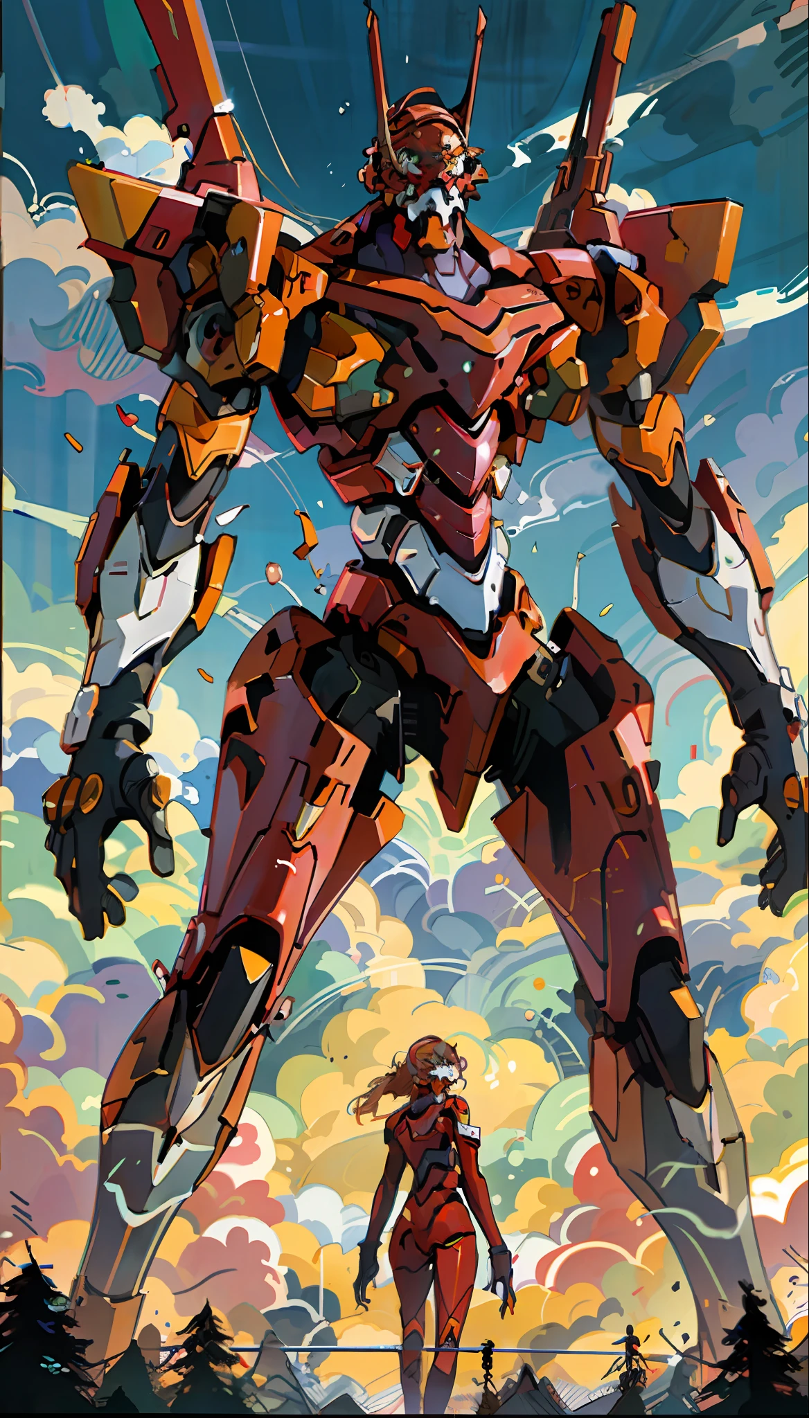 Eva 02, Eva, Evangelion Mecha, Science fiction, Look at the audience, (official art, best quality, Masterpiece: 1.2), illustration, high resolution, beautiful abstract background, futuristic, manga style