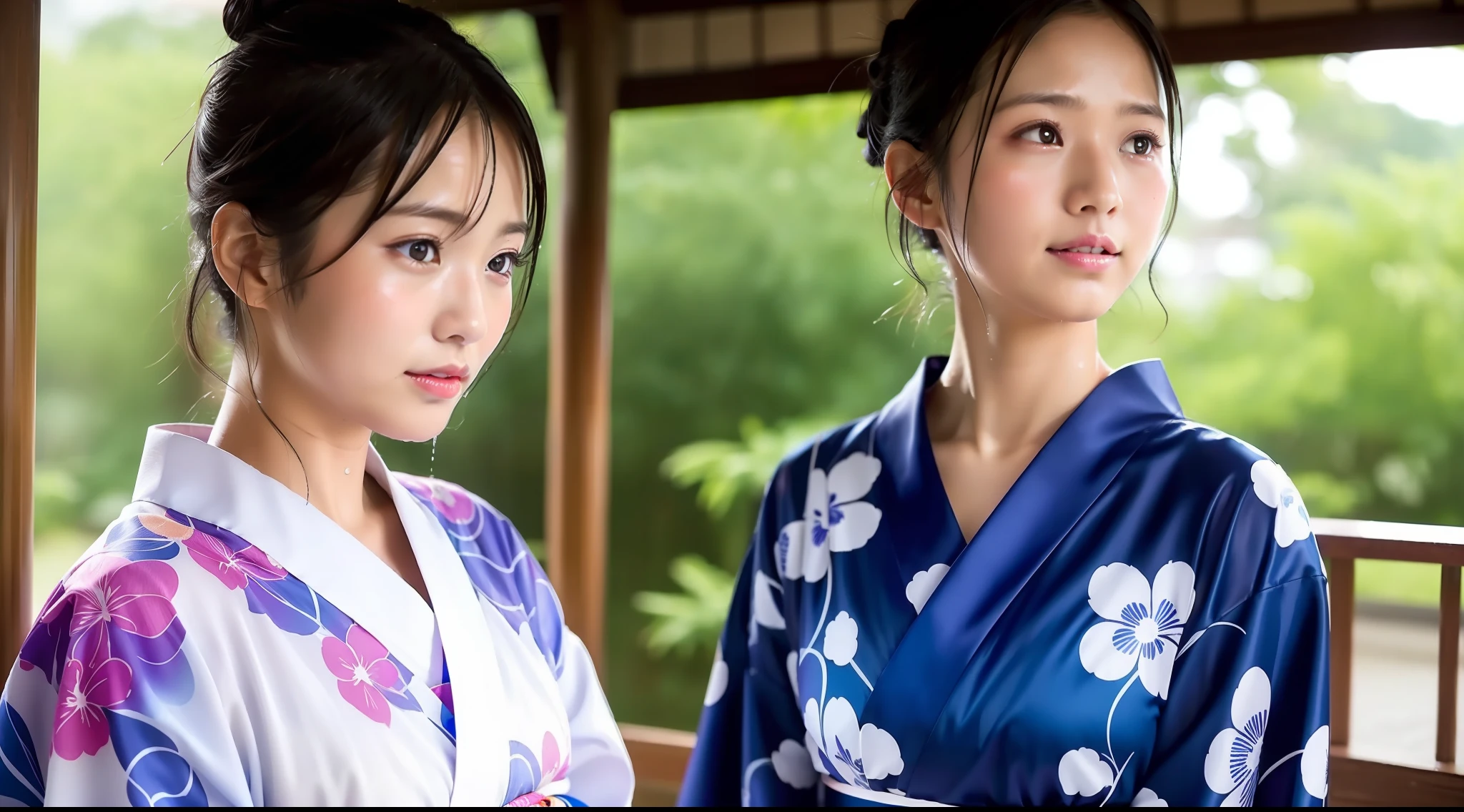 Yukata, Japan summer, beautiful girl, yukata collar and hem dripping, drenched by rain, water droplets on skin, face up, alone