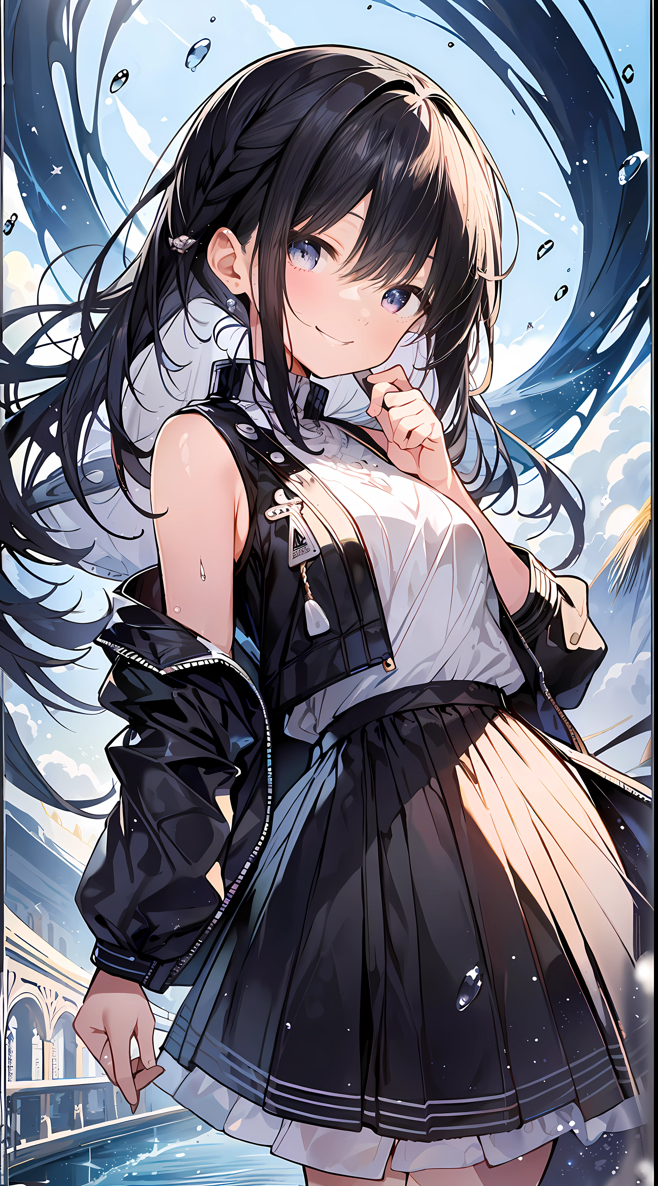 Top Quality, Masterpiece, Ultra High Definition, 8K, Summer Sky, Early Summer, (Flared Skirt, Jacket, Sneakers), Shojo Manga Style Loli, One, Soft Line Art, Digital Enhancement, Shojo Manga Touch, Shoujo Manga Core, Flowing Fabric, Close Up, (Hair length to the shoulders and short braids)), Wet hair, Soft drawing, Beautiful black hair, Clear eyes, (( Teasing smile)), ultra-detailed digital anime art, clear face depiction, ultra-detailed shoujo manga character art, clear facial features, ultra-detailed manga style, top quality colors, hand gestures, landscape with nature, looking up at the sky, angle that can be seen up to the feet