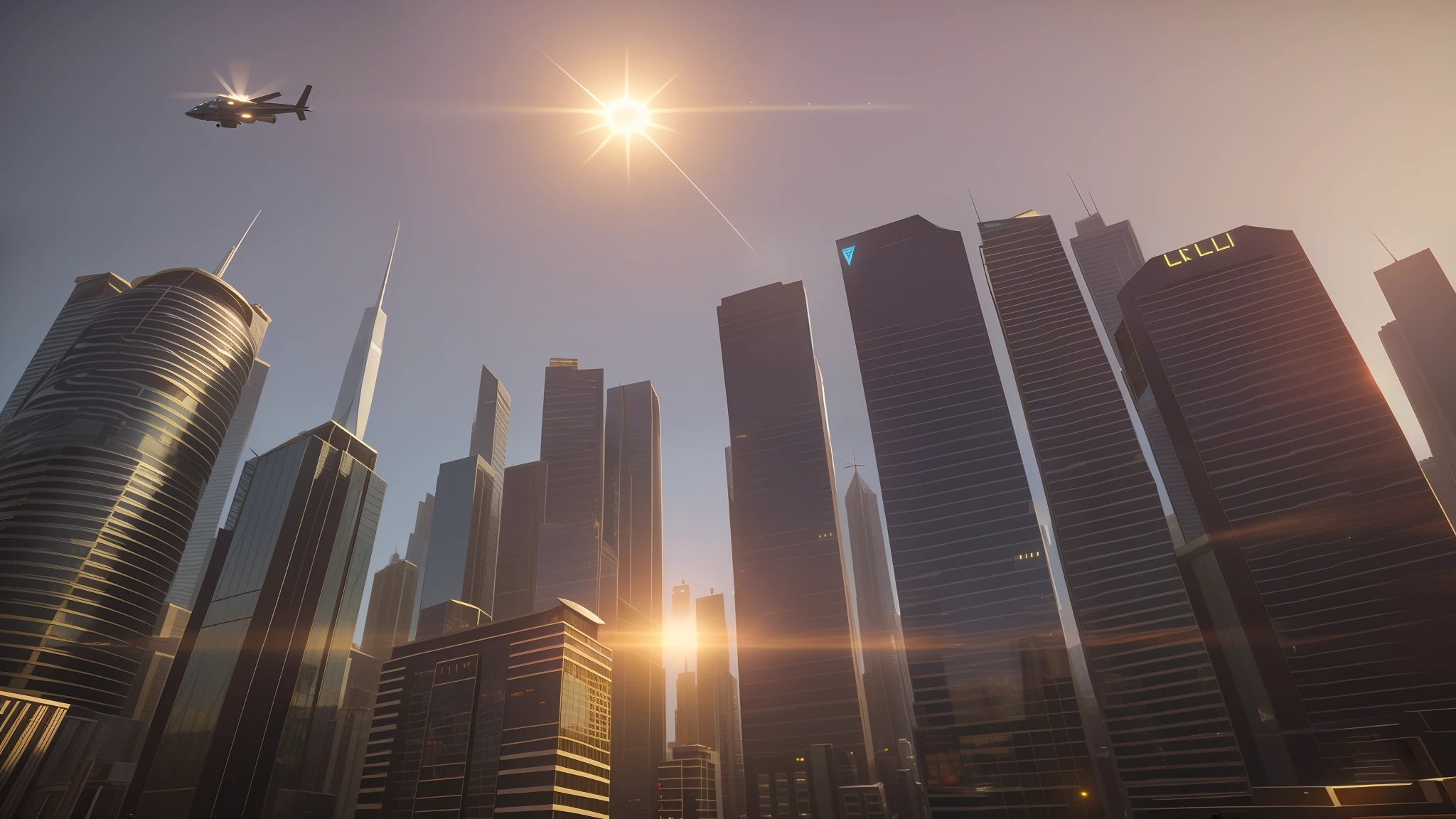 there are many tall buildings in the city with a sun shining, cinematic screenshot gta 5, ( ( unreal engine ) ), sao paulo in the year 2 0 7 0, unreal engine lumen, cinematic shot ar 9:16 -n 6 -g, looming over a city, skyscrapers in the background, epic buildings in the center, unreal engine screenshot