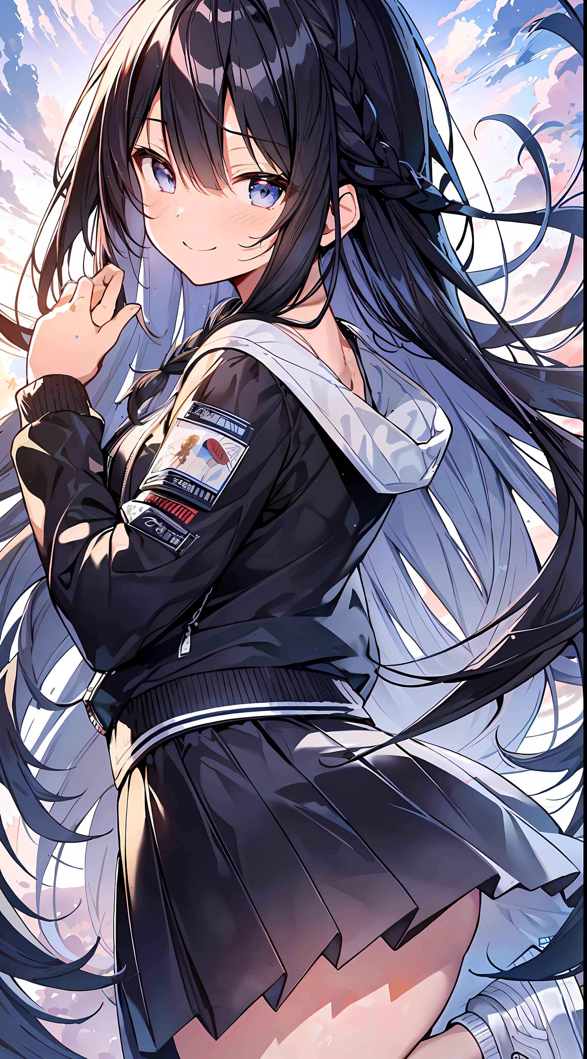 Top Quality, Masterpiece, Ultra High Definition, 8K, Summer Sky, Early Summer, (Flared Skirt, Jacket, Sneakers), Shojo Manga Style Loli, One, Soft Line Art, Digital Enhancement, Shojo Manga Touch, Shoujo Manga Core, Flowing Fabric, Close Up, (Hair length to the shoulders and short braids)), Wet hair, Soft drawing, Beautiful black hair, Clear eyes, (( Teasing smile)), ultra-detailed digital anime art, clear face depiction, ultra-detailed shoujo manga character art, clear facial features, ultra-detailed manga style, top quality colors, hand gestures, landscape with nature, looking up at the sky, angle that can be seen up to the feet