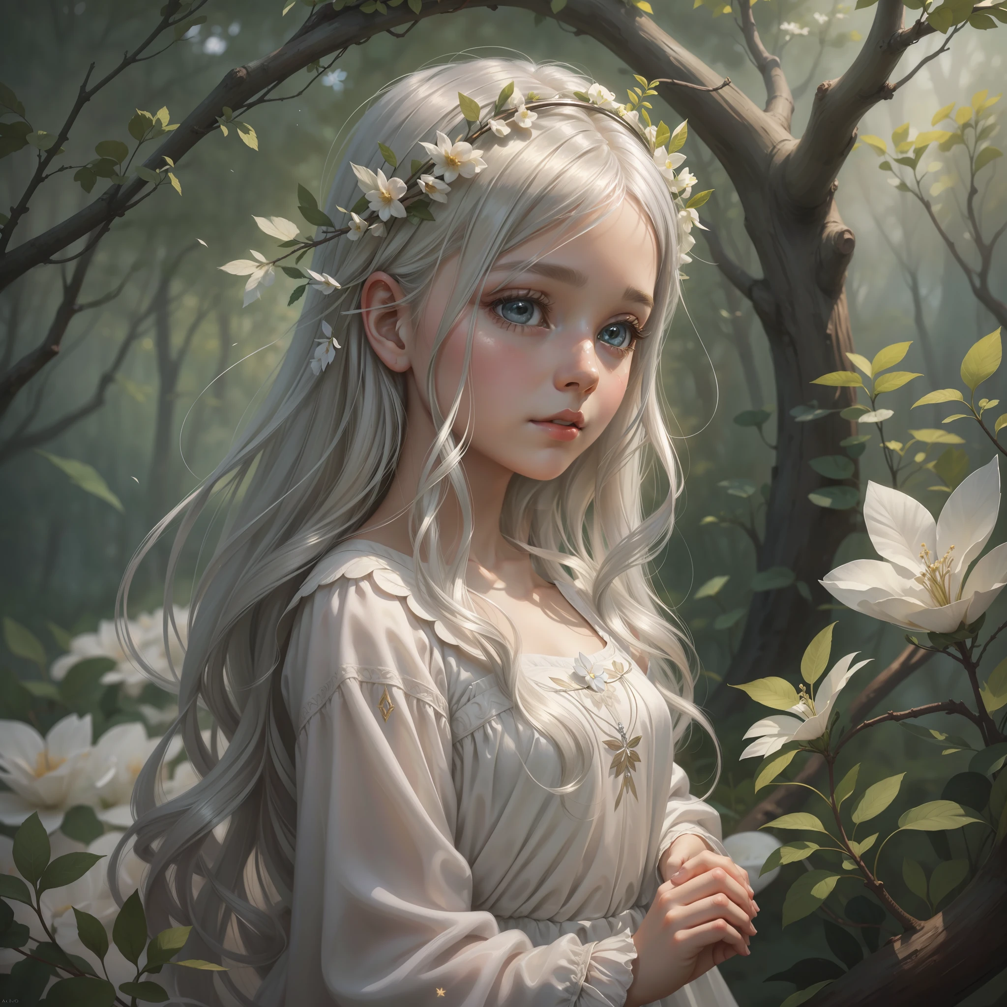 An ethereal and dreamy depiction of a beautiful Angel little girl innocent, big hazel eyes full of life, silver hair girl, surrounded by a soft and gentle atmosphere that highlights his graceful and serene nature, halo, artstation, digital painting, trending