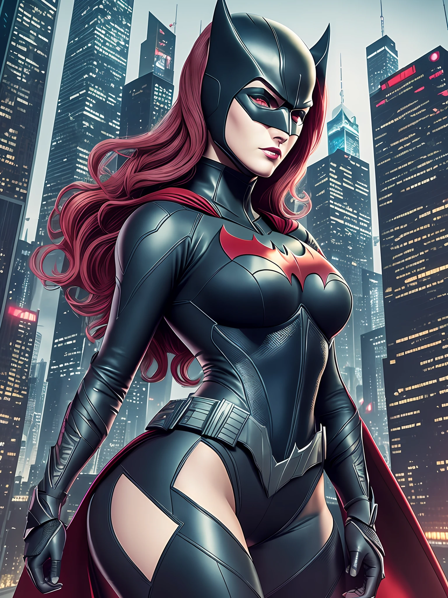 masterpiece, superior quality, detailed image, batwoman, with futuristic gothic look, mixing with visual cat woman, without the mask and woman with blonde hair thrown to the wind, in a futuristic city at night full of tall buildings, image render 3d, 16k, high level of detail --auto --s2