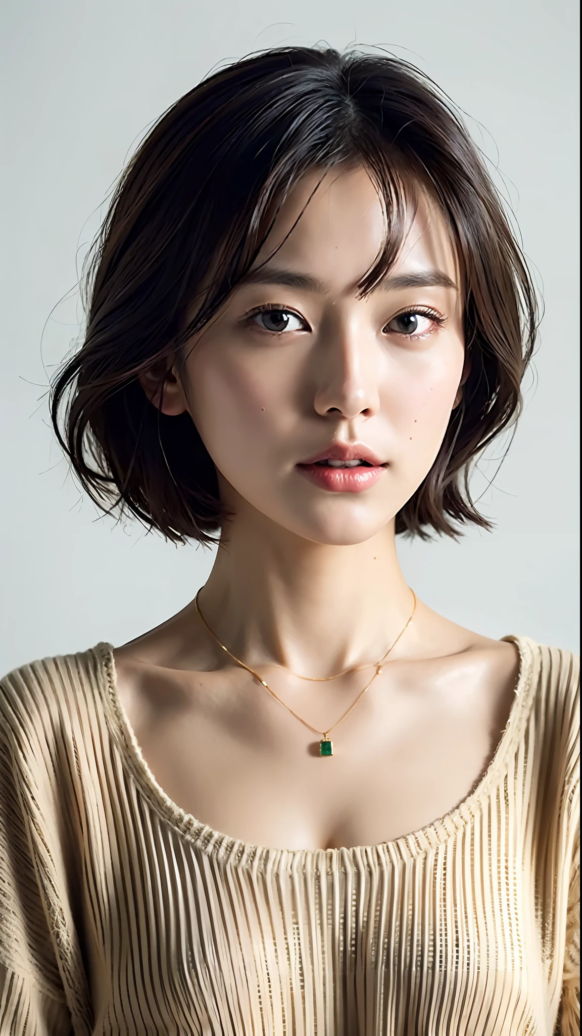 (Best quality, 8k, 32k, Masterpiece, UHD:1.2),Photo of Pretty Japanese woman, large breasts, very short bob hair,upper body,face focus,oversized_sweater, necklace, simple background, from above, looking at viewer,