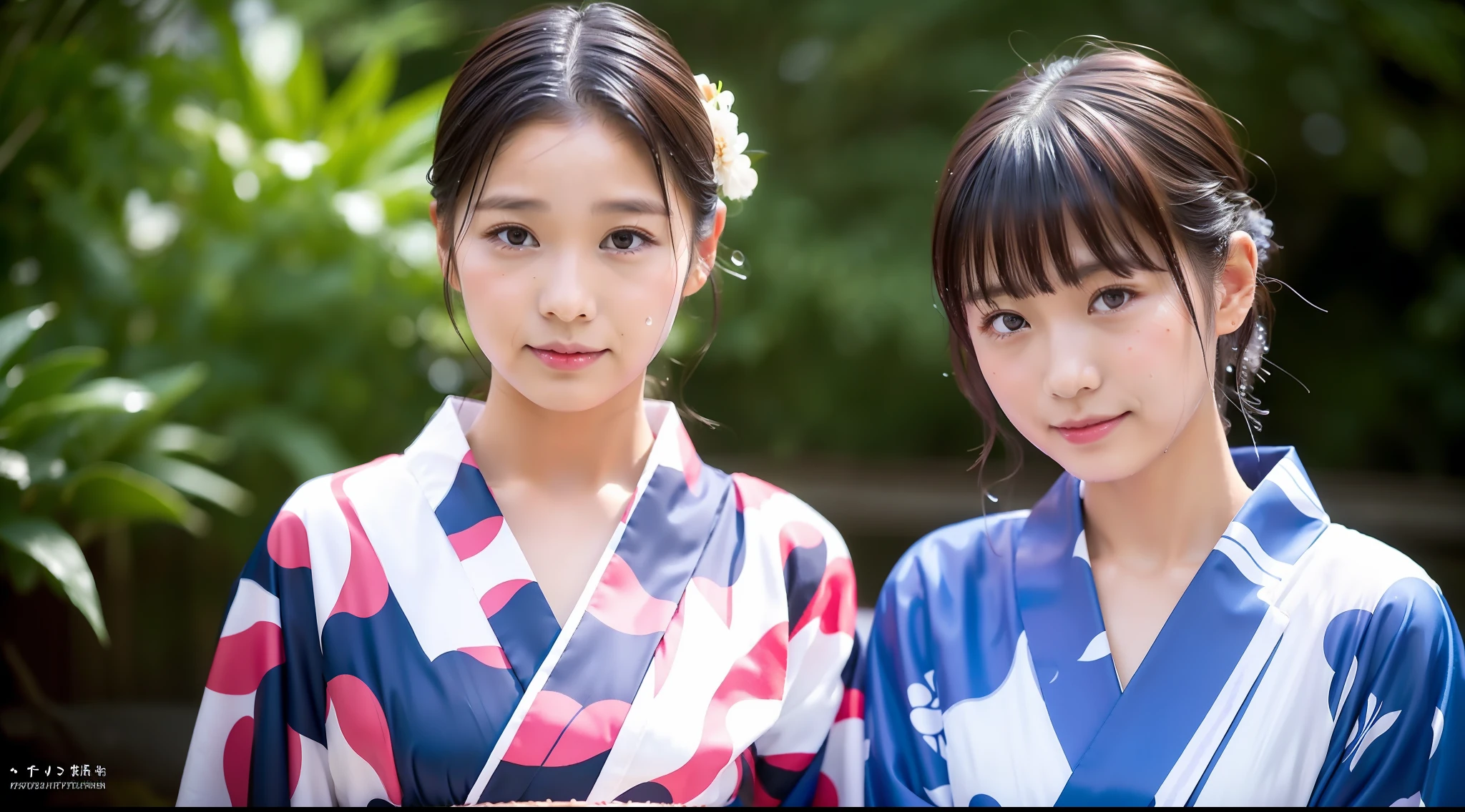 Yukata, Japan summer, beautiful girl, yukata collar and hem dripping, drenched by rain, water droplets on skin, face up, alone