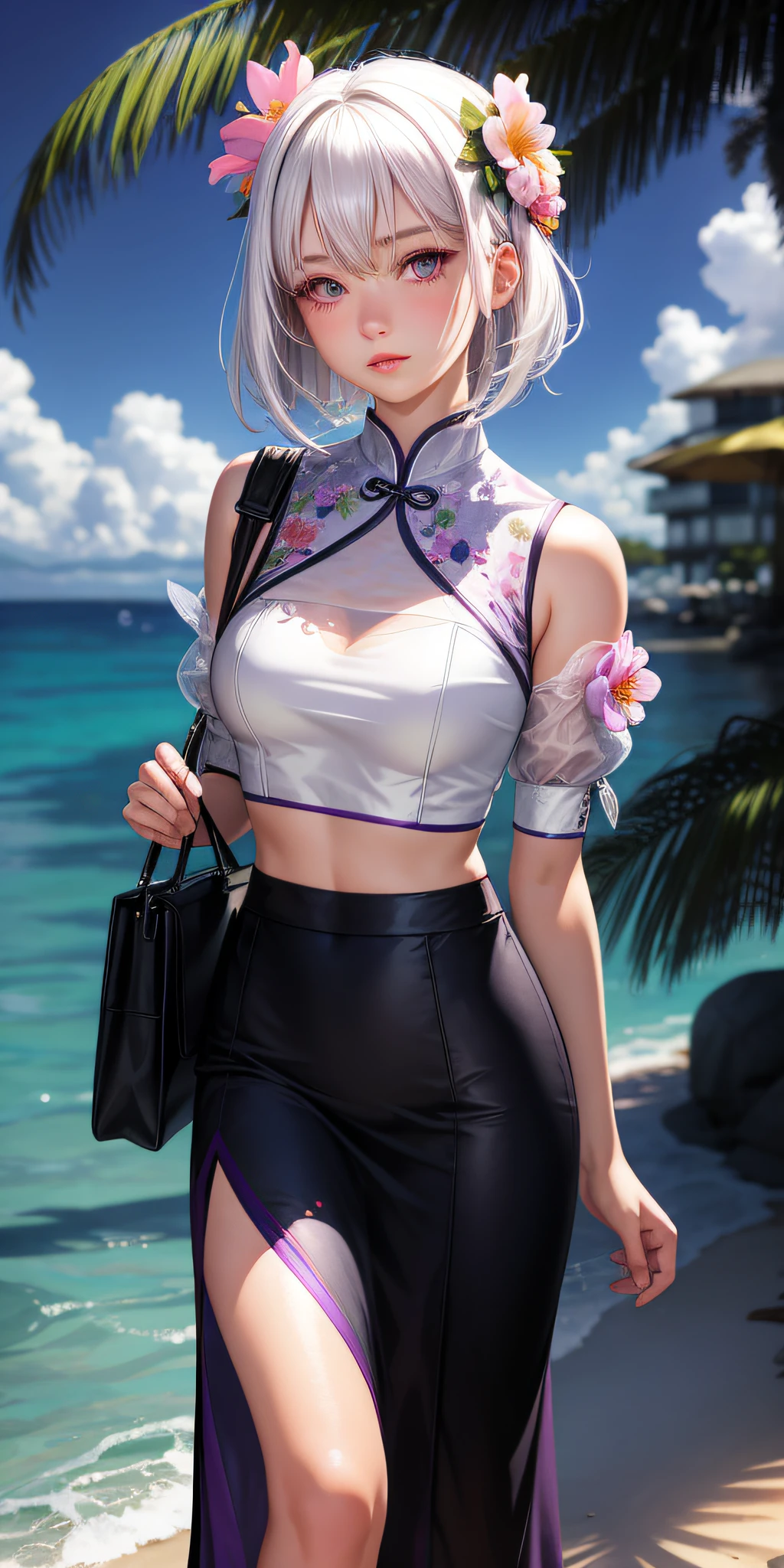 realistic, 1girl, white hair, purple eyes, glowing eyes, cropped top, skirt, parted lips, blush, night, flowers, sun, sunlight, cheongsam, medium length hair, real, warm color, background color light color, day environment, bright color background, beach, ocean, cute,