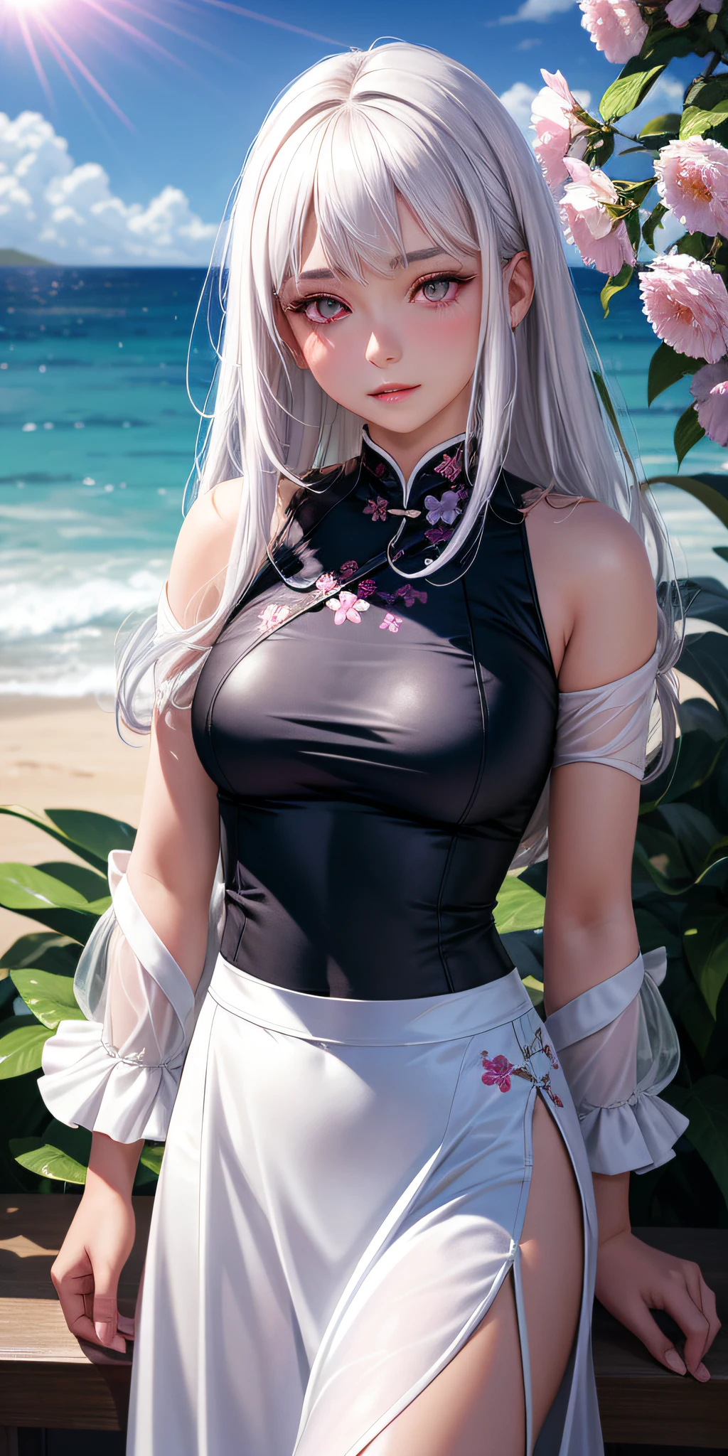 realistic, 1girl, white hair, purple eyes, glowing eyes, cropped top, skirt, parted lips, blush, night, flowers, sun, sunlight, cheongsam, medium length hair, real, warm color, background color light color, day environment, bright color background, beach, ocean, cute,