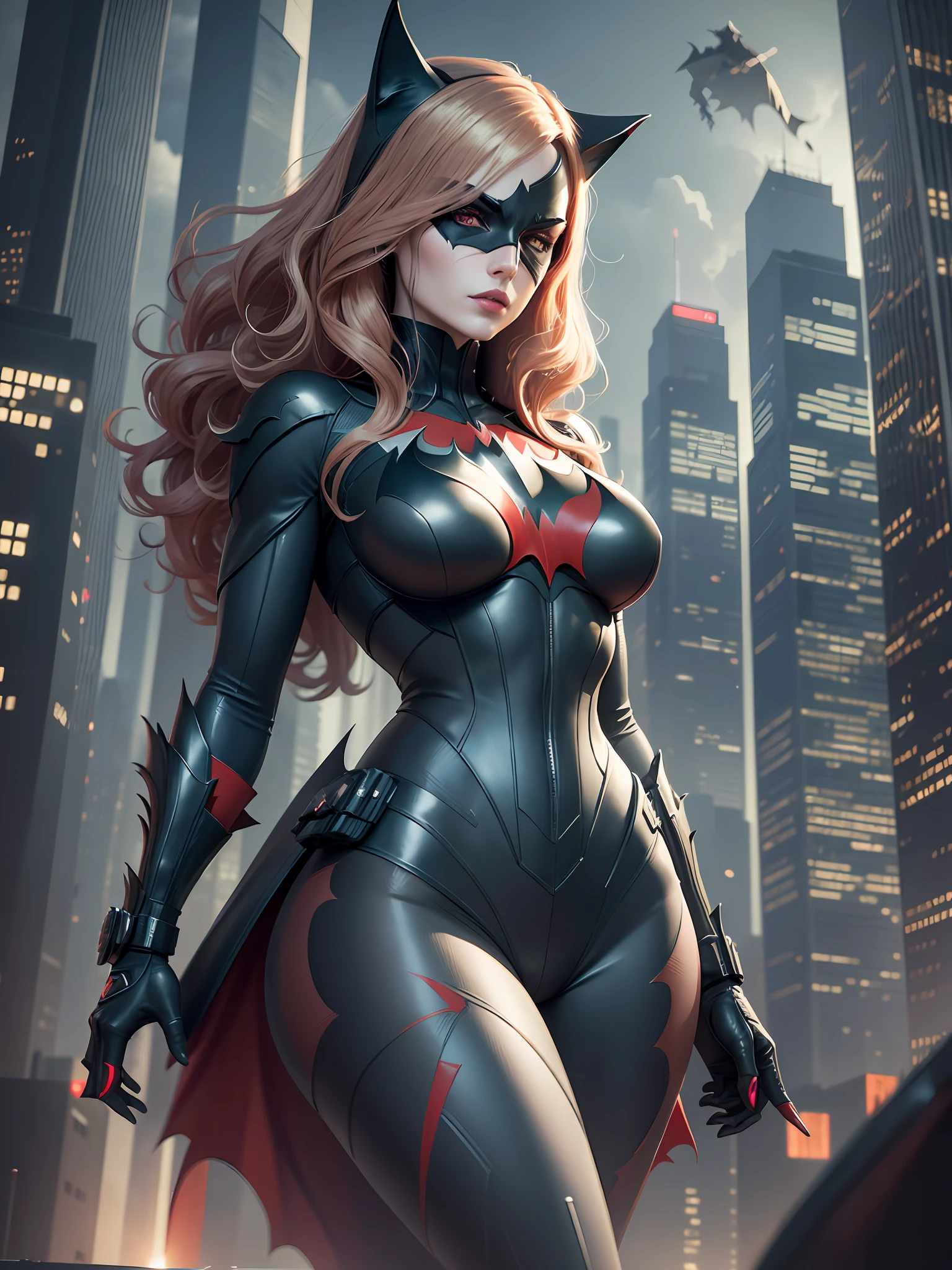masterpiece, superior quality, detailed image, batwoman, with futuristic gothic look, mixing with visual cat woman, without the mask and woman with blonde hair thrown to the wind, in a futuristic city at night full of tall buildings, image render 3d, 16k, high level of detail --auto --s2