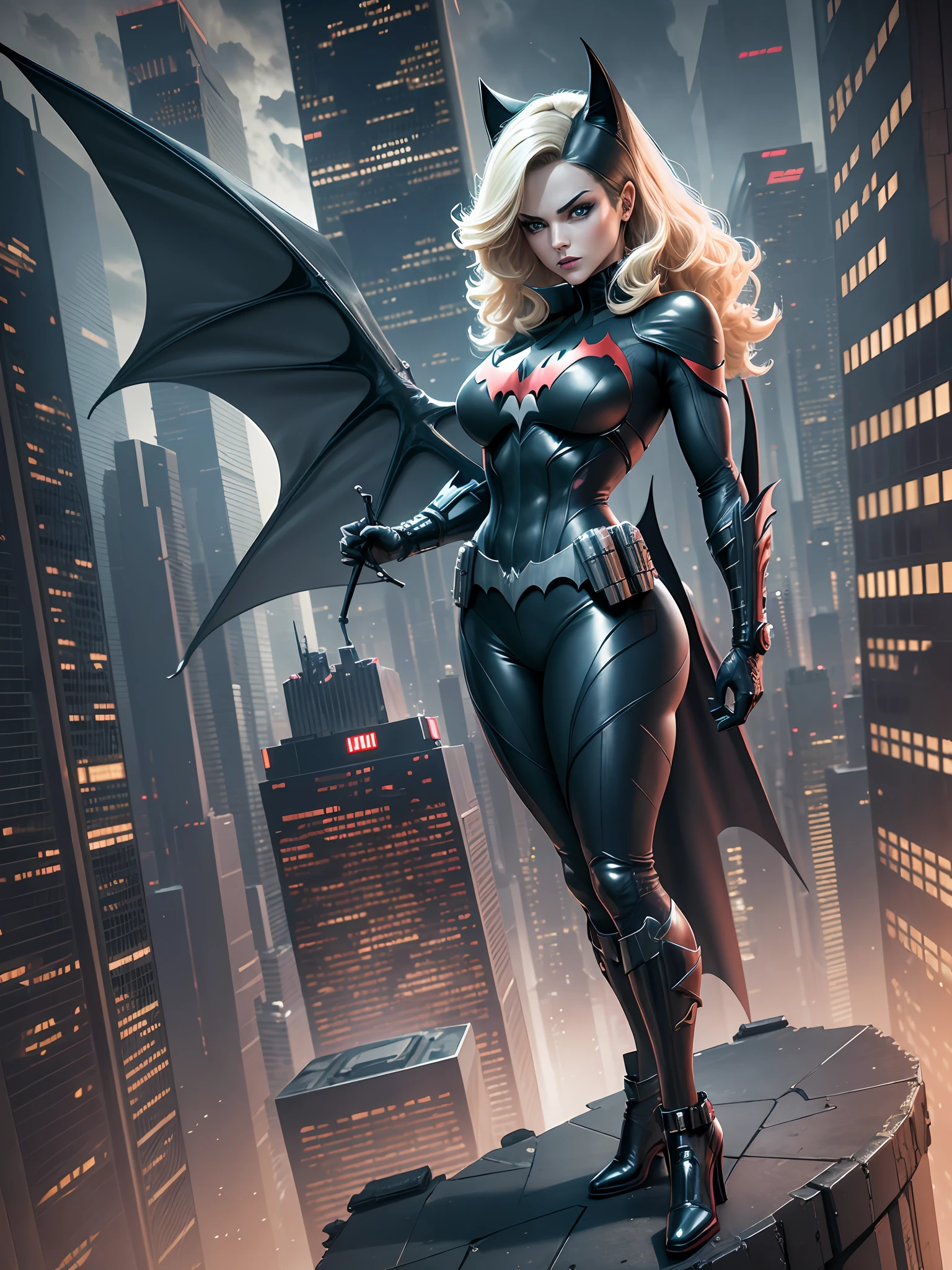 masterpiece, superior quality, detailed image, batwoman, with futuristic gothic look, mixing with visual cat woman, without the mask and woman with blonde hair thrown to the wind, in a futuristic city at night full of tall buildings, image render 3d, 16k, high level of detail --auto --s2