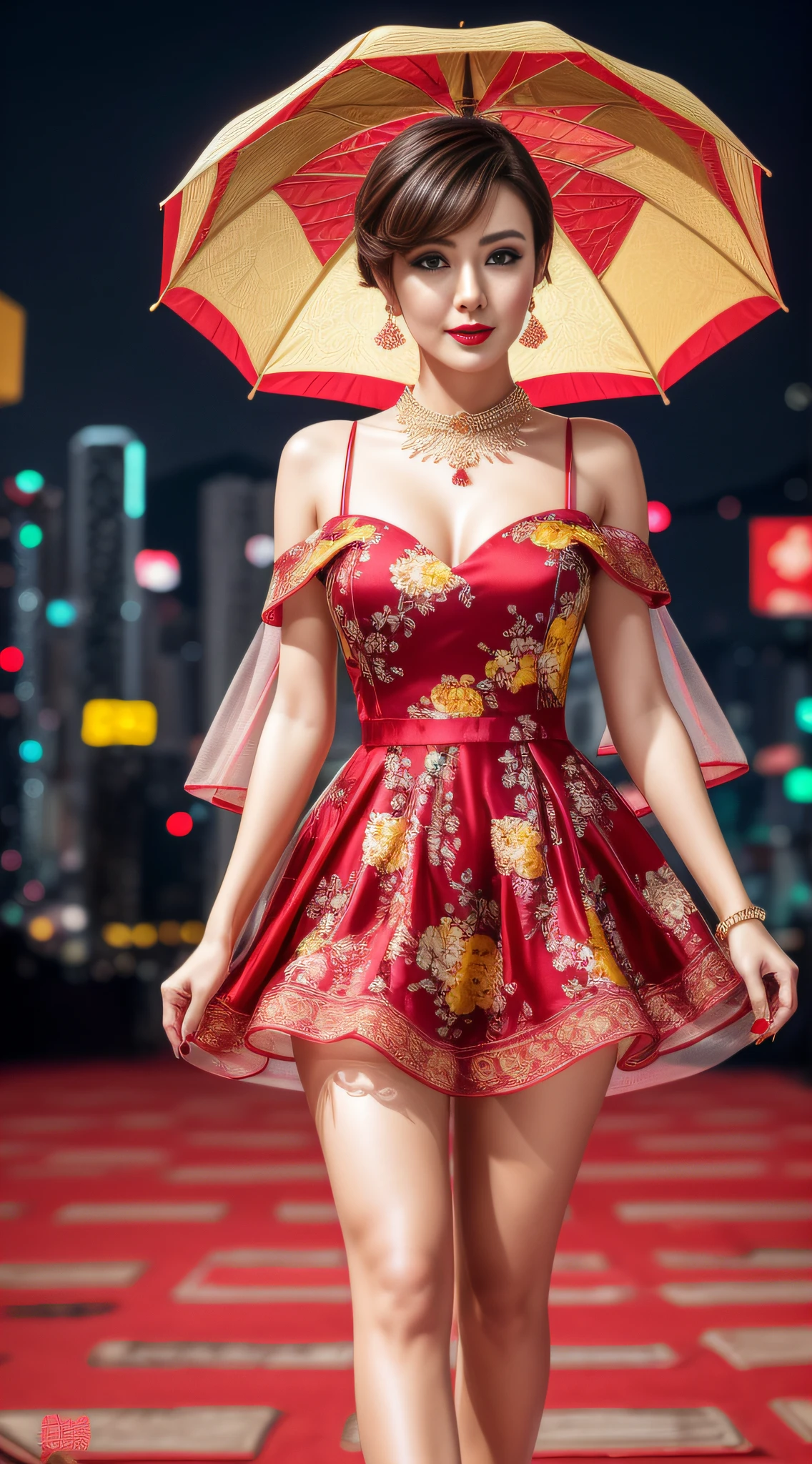 AS-MidAage, close up photography, sexy, short hair, brunette, makeup, red lips, Hong Kong background at night, yellow dress with floral motif, jewelry, looking at the audience, surreal, {an extremely delicate and beautiful girl}, 4k wallpaper, {{{masterpiece}}}, walking, front full body,