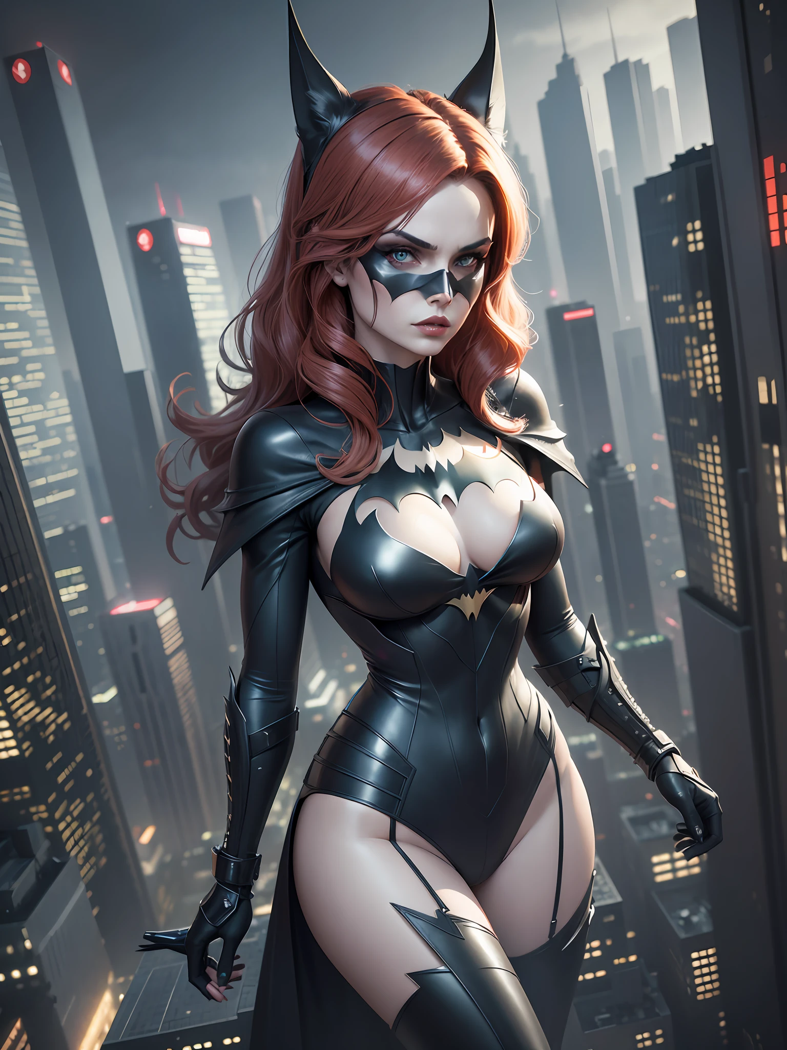 masterpiece, superior quality, detailed image, batwoman, with futuristic gothic look, mixing with visual cat woman, without the mask and woman with blonde hair thrown to the wind, in a futuristic city at night full of tall buildings, image render 3d, 16k, high level of detail --auto --s2