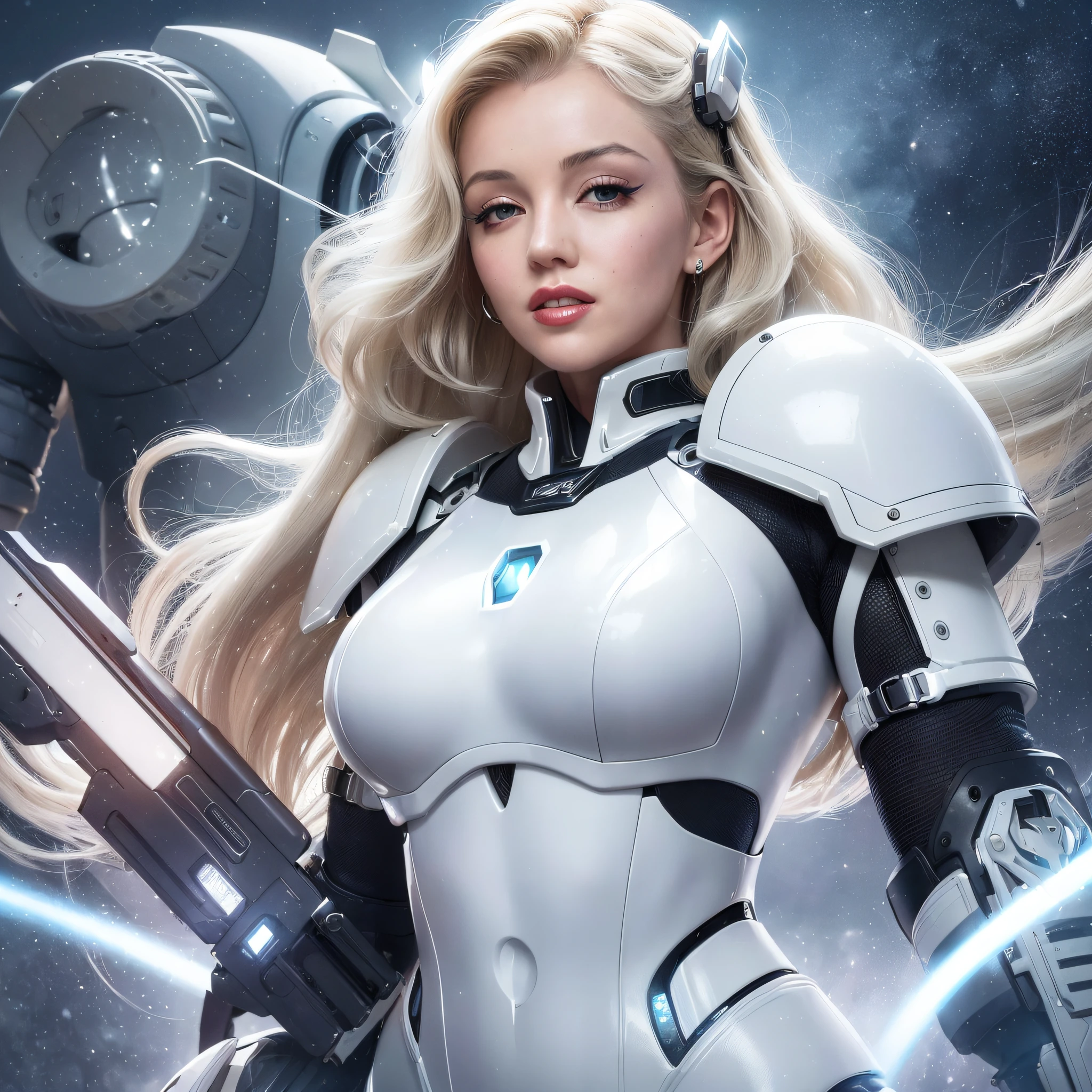 (Top Quality, 8k, 32k, Masterpiece, UHD: 1.3), (Charming Marilyn Monroe Face: 2.0), One Woman, American Woman, ((Big: 1.4)), (Wavy White Hair), Abs, Perfect Body, Ultra Detailed Face, Wearing Makeup, Detailed Red Lips, Double Eyelids, (Seductive), ((Excited: 1.5)), ((Areola Slip)), (in estrus)), ((()), Sexy girl, big, astounding beauty, floating light particles, (floating big light particles: 1.8), angle from the side (looking at the camera), mecha cyber armor girl, white mecha, female mech, mechanized valkyrie girl, beautiful white girl cyborg, armor girl, sci-fi in military armor, sci-fi woman, white futuristic armor, Gorgeous female paladin, mechanized soldier girl
