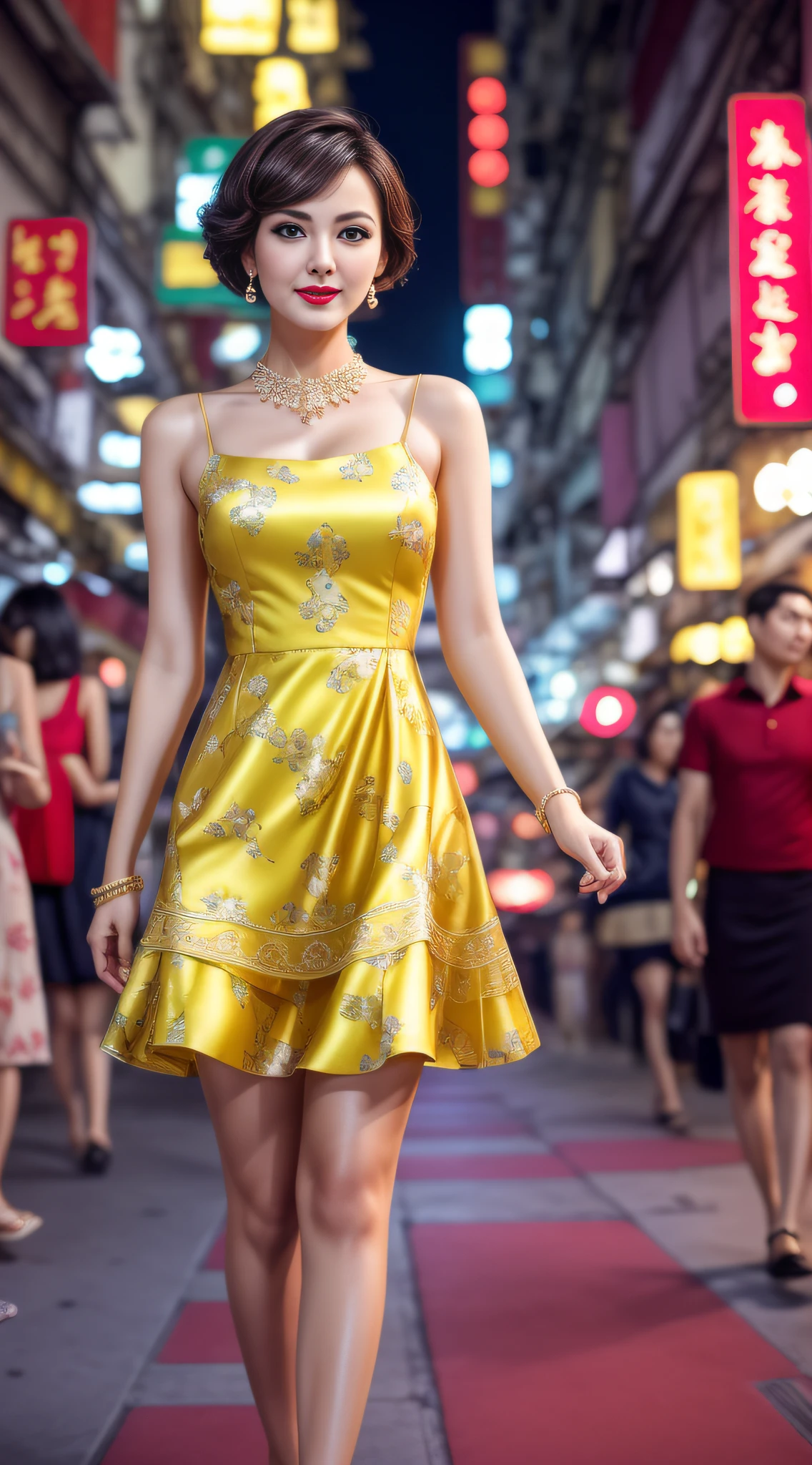 AS-MidAage, close up photography, sexy, short hair, brunette, makeup, red lips, Hong Kong background at night, yellow dress with floral motif, jewelry, looking at the audience, surreal, {an extremely delicate and beautiful girl}, 4k wallpaper, {{{masterpiece}}}, walking, front full body,