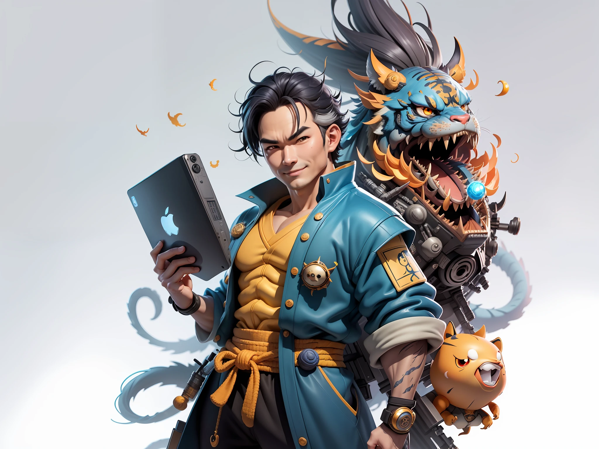 (Masterpiece), (Excellent), (Super Meticulous), (Full Body: 1.2), Super Young Man with Japanese Female Geisha, Beauty, Chinese Dragon, Tiger, Wind God Thor, Sexy, Bursting, Oriental Face, TV Anchor, Bust Portrait Illustration, Black Suit, Blue Tie, Slightly Chubby, Very Clean Face, No Beard, Black Super Short Hair, Black Eyes, Confident Smile, 3c Computer Sub-Products, iPad, iPhone, Digital Painting, 3D Character Design by Mark Claireden and Pixar and Hayao Miyazaki and Akira Toriyama, The illustration is a high-definition illustration in 4K resolution with very detailed facial features and cartoon-style visuals.