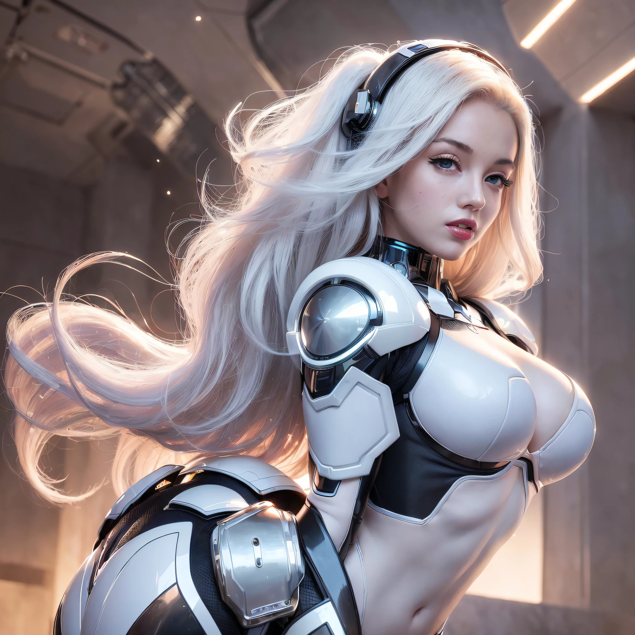 (Top Quality, 8k, 32k, Masterpiece, UHD: 1.3), (Charming Marilyn Monroe Face: 2.0), One Woman, American Woman, ((Big: 1.4)), (Wavy White Hair), Abs, Perfect Body, Ultra Detailed Face, Wearing Makeup, Detailed Red Lips, Double Eyelids, (Seductive), ((Excited: 1.5)), ((Areola Slip)), (in estrus)), ((()), Sexy girl, big, astounding beauty, floating light particles, (floating big light particles: 1.8), angle from the side (looking at the camera), mecha cyber armor girl, white mecha, female mech, mechanized valkyrie girl, beautiful white girl cyborg, armor girl, sci-fi in military armor, sci-fi woman, white futuristic armor, Gorgeous female paladin, mechanized soldier girl