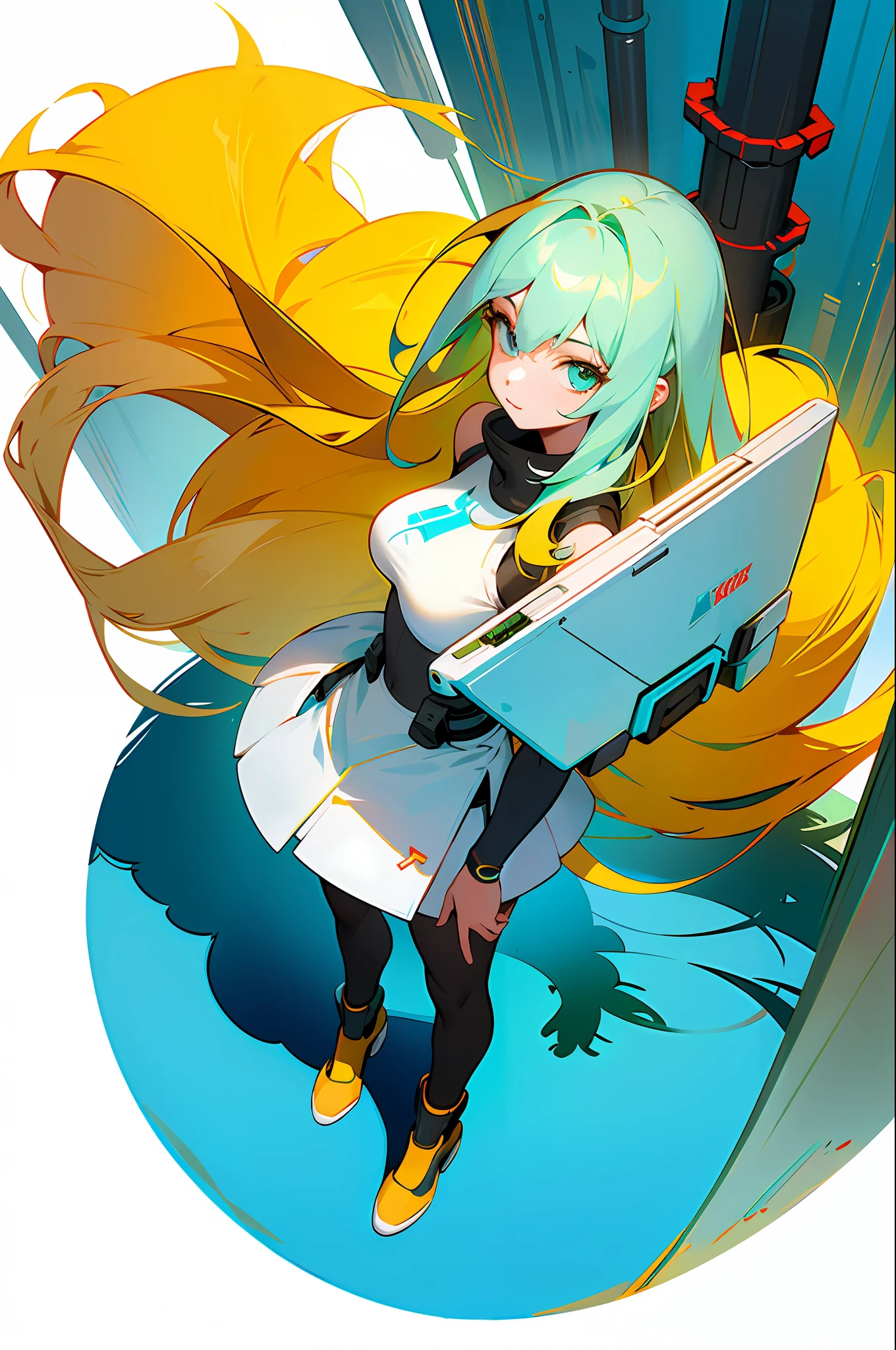 round image,(masterpiece:1.3), (the best quality:1.2), (super fine illustrations:1.2), (Masterpiece), high quality, high detail,(SOLO:1.4),((round image)),[(white background:1.1)::5],[(cyberpunk:1):5],[(game character portrait:1.2):5],

{1 girl},{solo},(((full body))),{{{only five fingers}}},((yellow))long  hair((yellow and (White) ends)),long hair,whole body, pantyhose,look at viewer, from above, aqua eyes, cyberpunk,