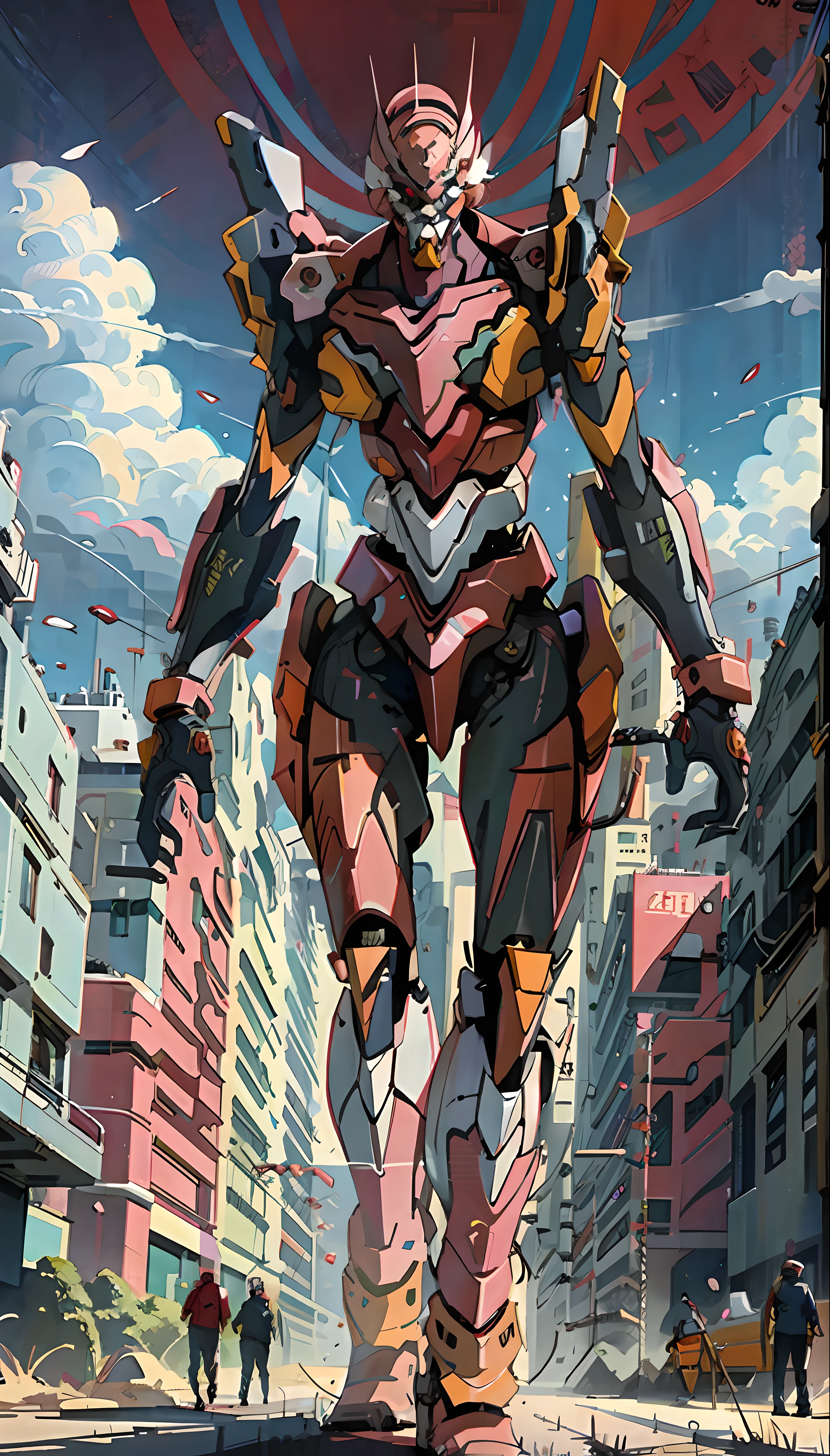 Eva 02, Eva, Evangelion mecha, science fiction, watch audience, (official art, best quality, masterpiece: 1.2), illustrations, high resolution, futuristic city background, futuristic, manga style