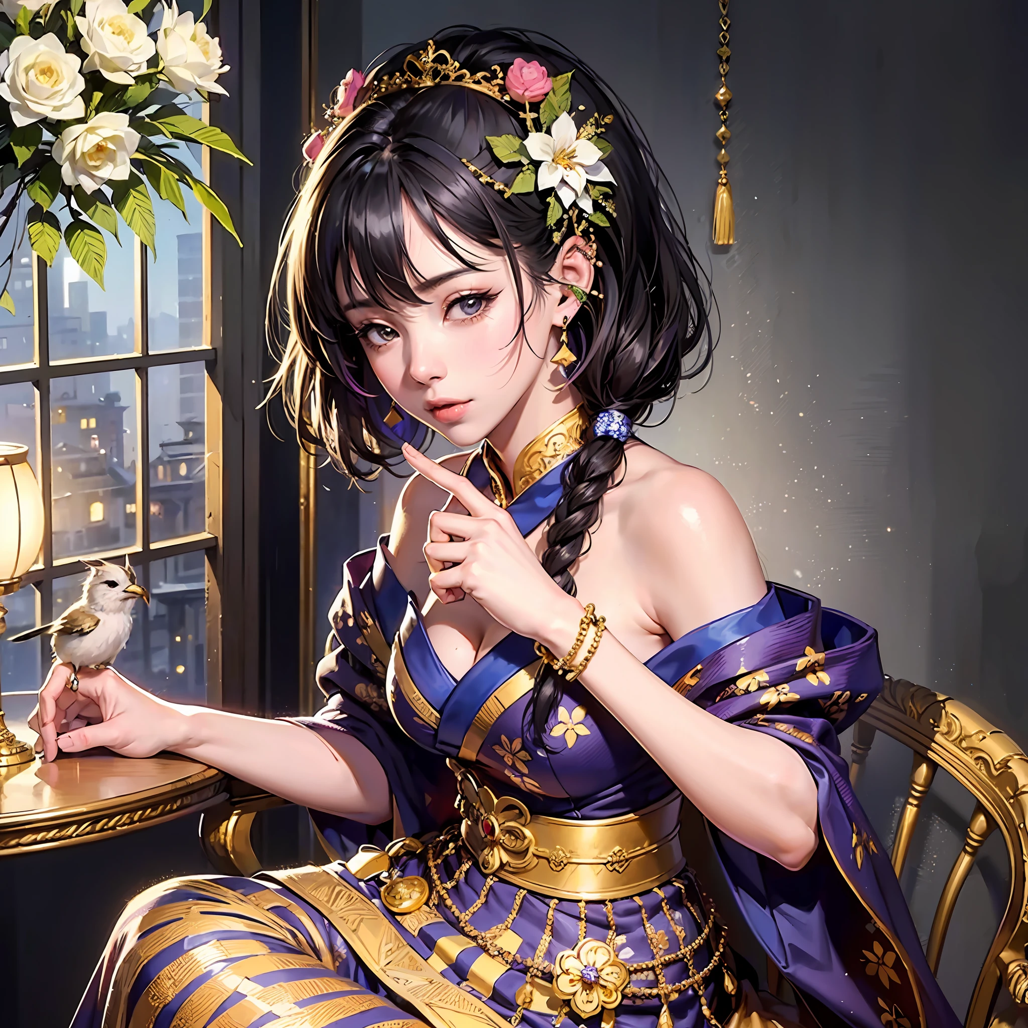 (Masterpiece, Top Quality, Best Quality, Official Art, Beautiful Indulgence: 1.2), (Japanese Dress), Arms Behind Back, (Upper Body Only), (1 Girl: 1.3), Japan Woman, Very Detailed, Colorful, Best Detailed ((Super Detailed)), (Very Detailed 2DCG Illustration), (((Very Delicate and Beautiful)) (Seated), Expressionless, Black Hair, Kanzashi, Earrings --auto --s2