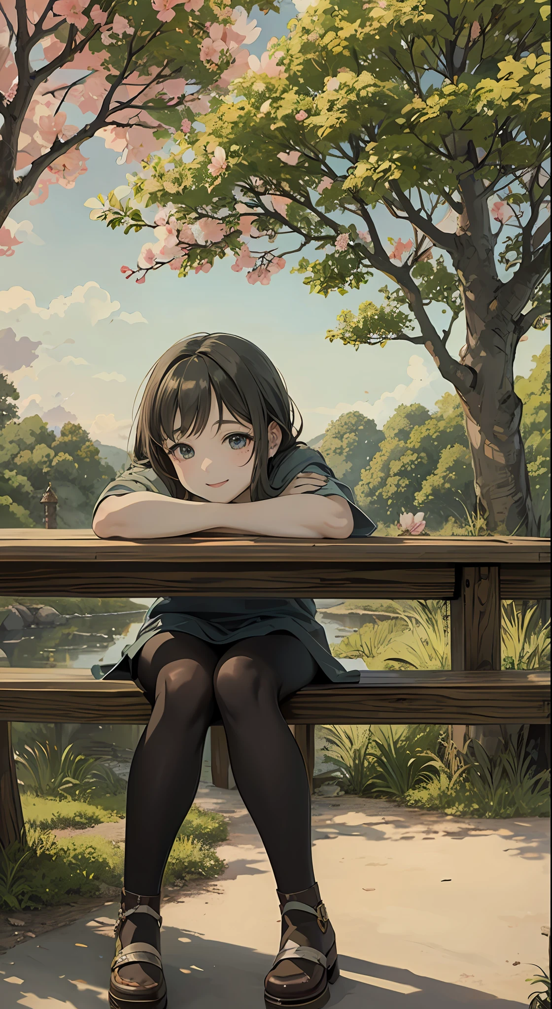 , anime girl writing book on wooden bench with a tree in the background, anime visual of cute girl, digital anime illustration, beautiful anime art style, anime style illustration, anime style. 8k, soft anime illustration, official art, anime illustration, art style in bovot, Ghibli anime style, anime art style, black hair, smile, Ghibli-like color, UHD