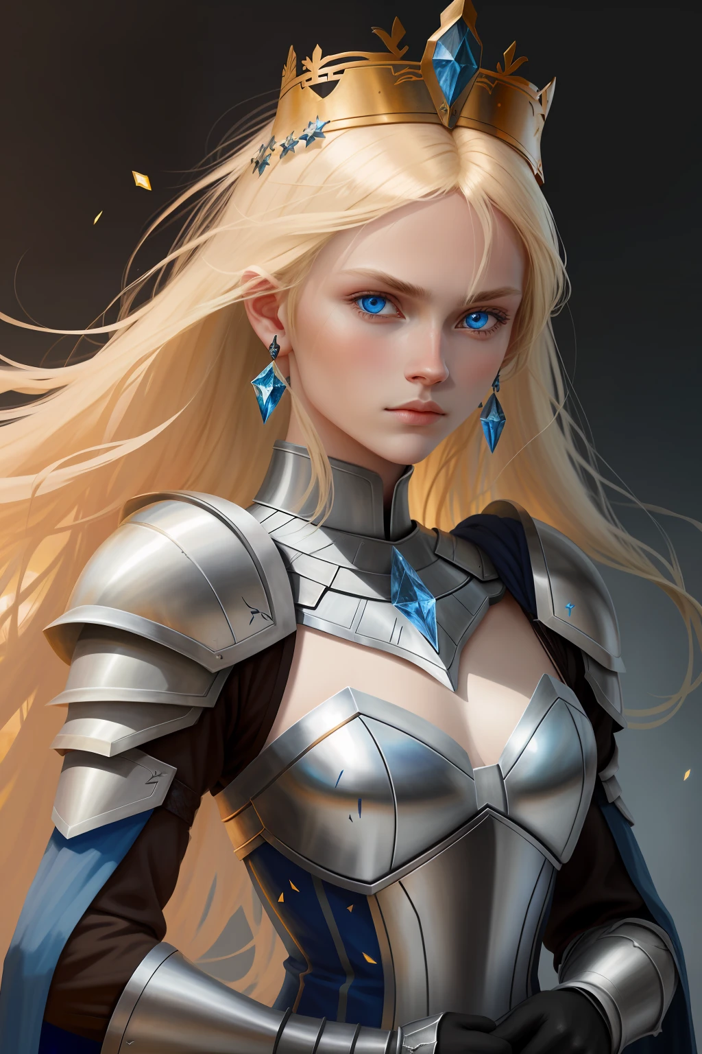 Blue-eyed blonde warrior with gleaming armor and sword with blue crystals