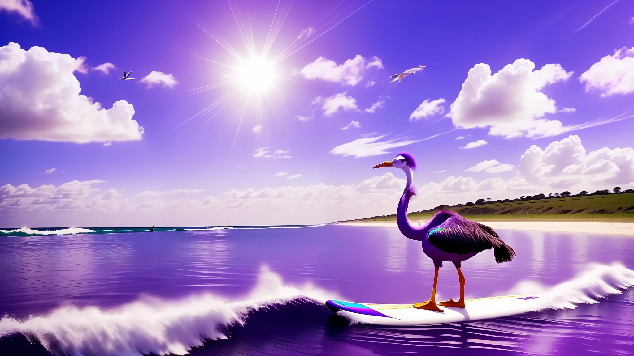 A nostr nostrich ostrich on a surfboard, big purple ostrich riding surfboard. Huge aqua wave background. (purple ostrich:1.4), (nostr:1.8), purple head and neck, (nostrich:1.2), amazing wallpaper, beautiful sun ray clouds, big wave