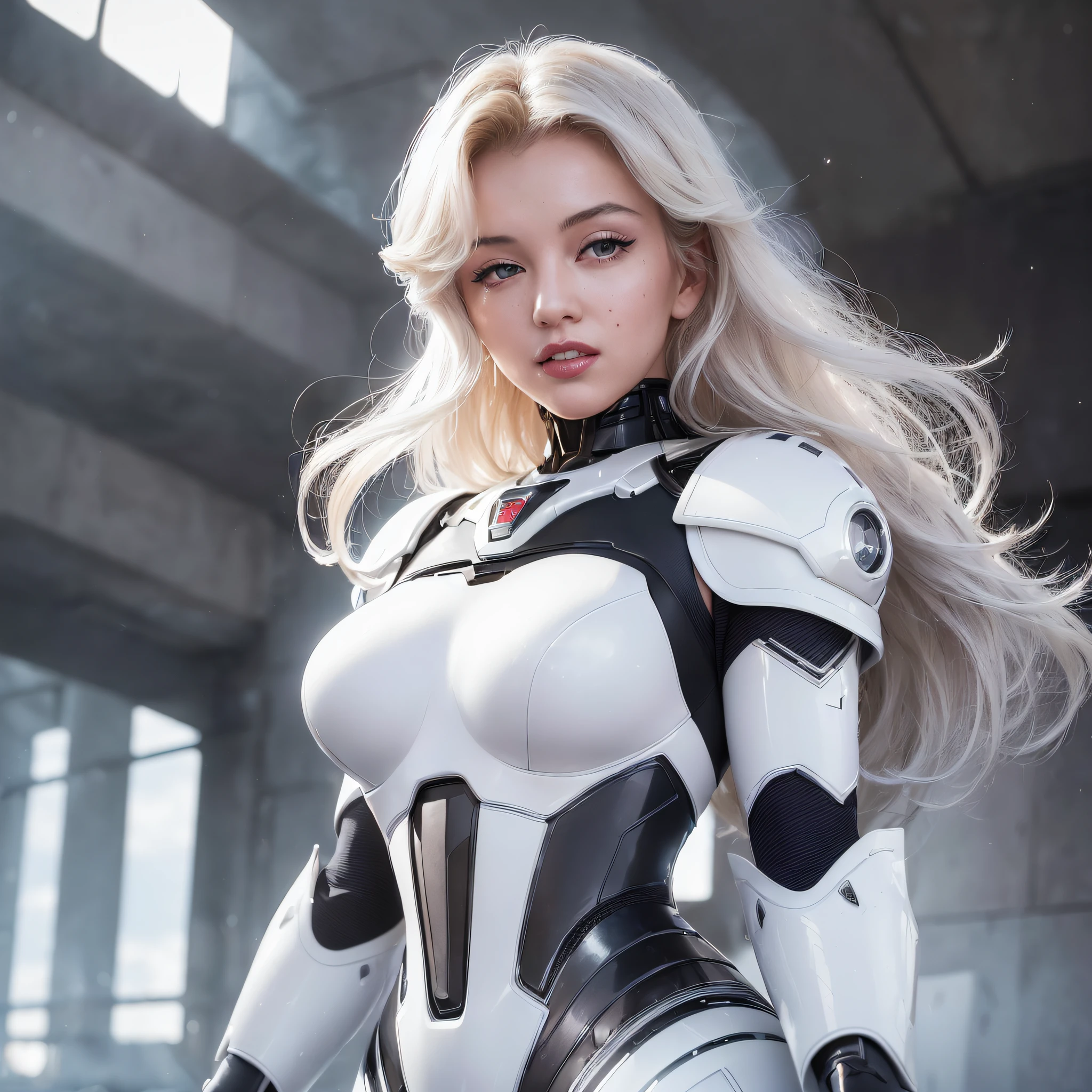 (Top Quality, 8k, 32k, Masterpiece, UHD: 1.3), (Charming Marilyn Monroe Face: 2.2), One Woman, American Woman, ((Big: 1.4)), (Wavy White Hair), Abs, Perfect Body, Ultra Detailed Face, Wearing Makeup, Detailed Red Lips, Double Eyelids, (Seductive), (((Excited: 1.5)), ((Areola Slip)), (In estrus)), ((()), Sexy girl, big, amazing beauty, floating light particles, (floating big light particles: 2.0), angle from the side (looking at the camera), mecha cyber armor girl, white mecha, female mech, mechanized valkyrie girl, beautiful black girl cyborg, armor girl, sci-fi android woman, wearing sci-fi military armor, White futuristic armor, gorgeous female paladin, mechanized soldier girl