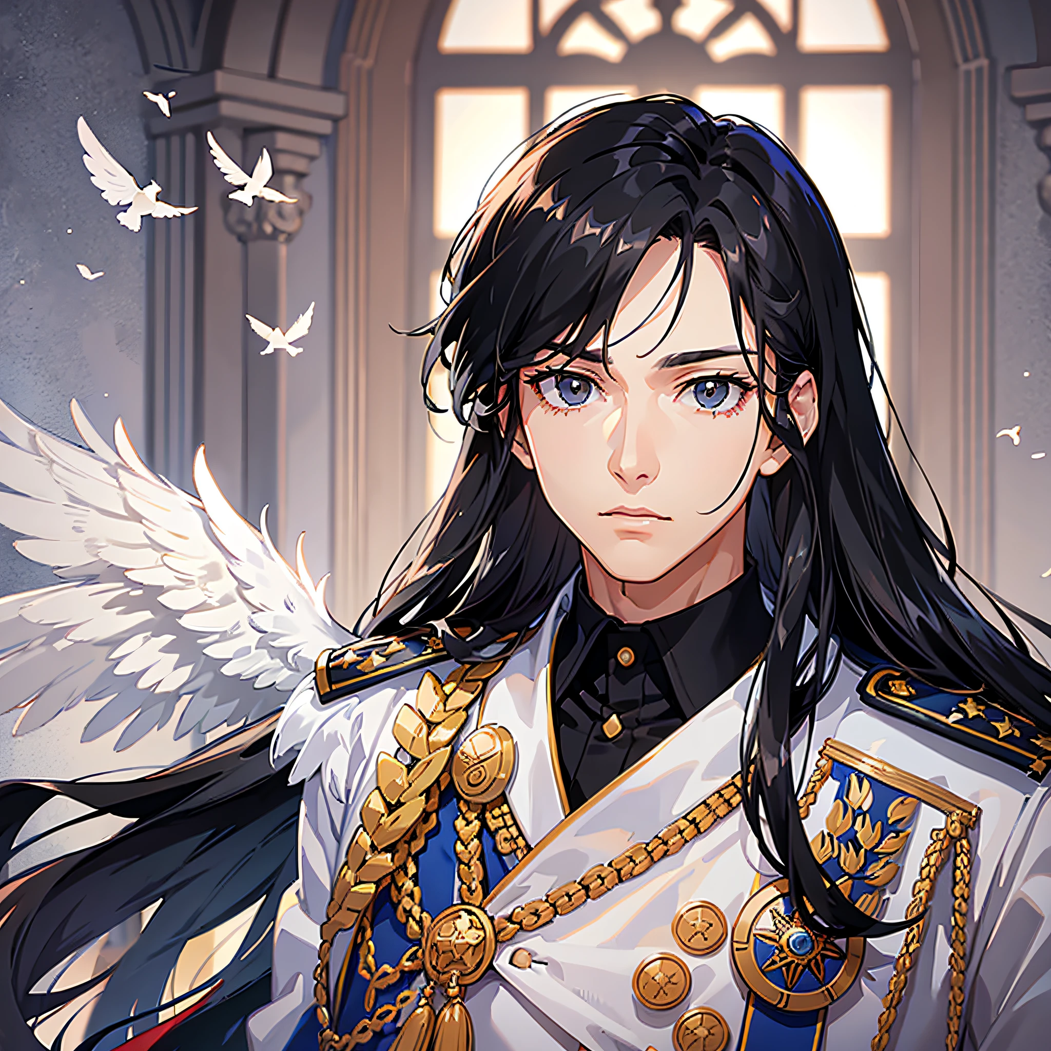 White military uniform, black hair, majestic and tall, heroic and sassy long hair fluttering, soft eyes, boy, indoors