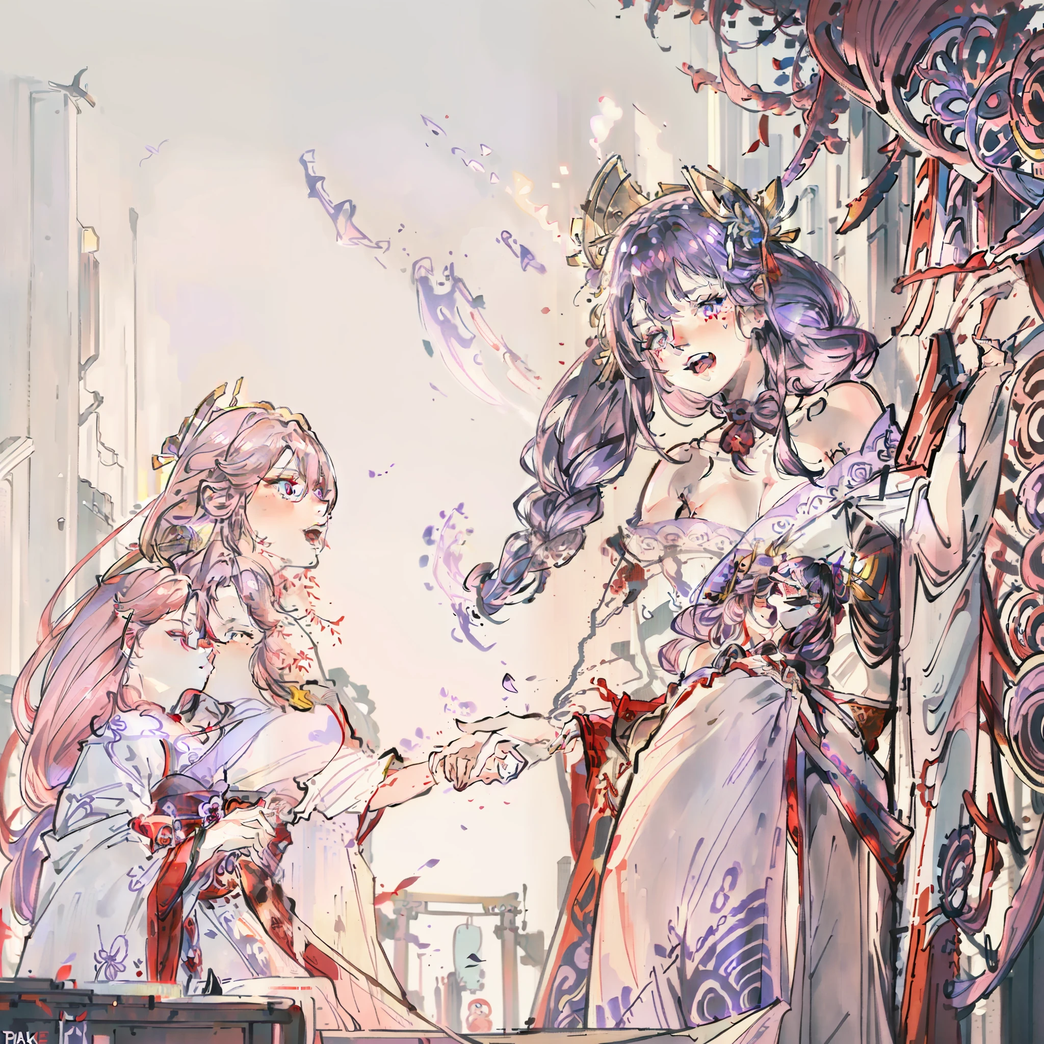 (2 women) a long purple braided haired lady (wearing a lilac and dark purple kimono), subtly laughing with a light pink hair (wearing a shrine maiden kimono red and white Japanese), in a classical japan style city.