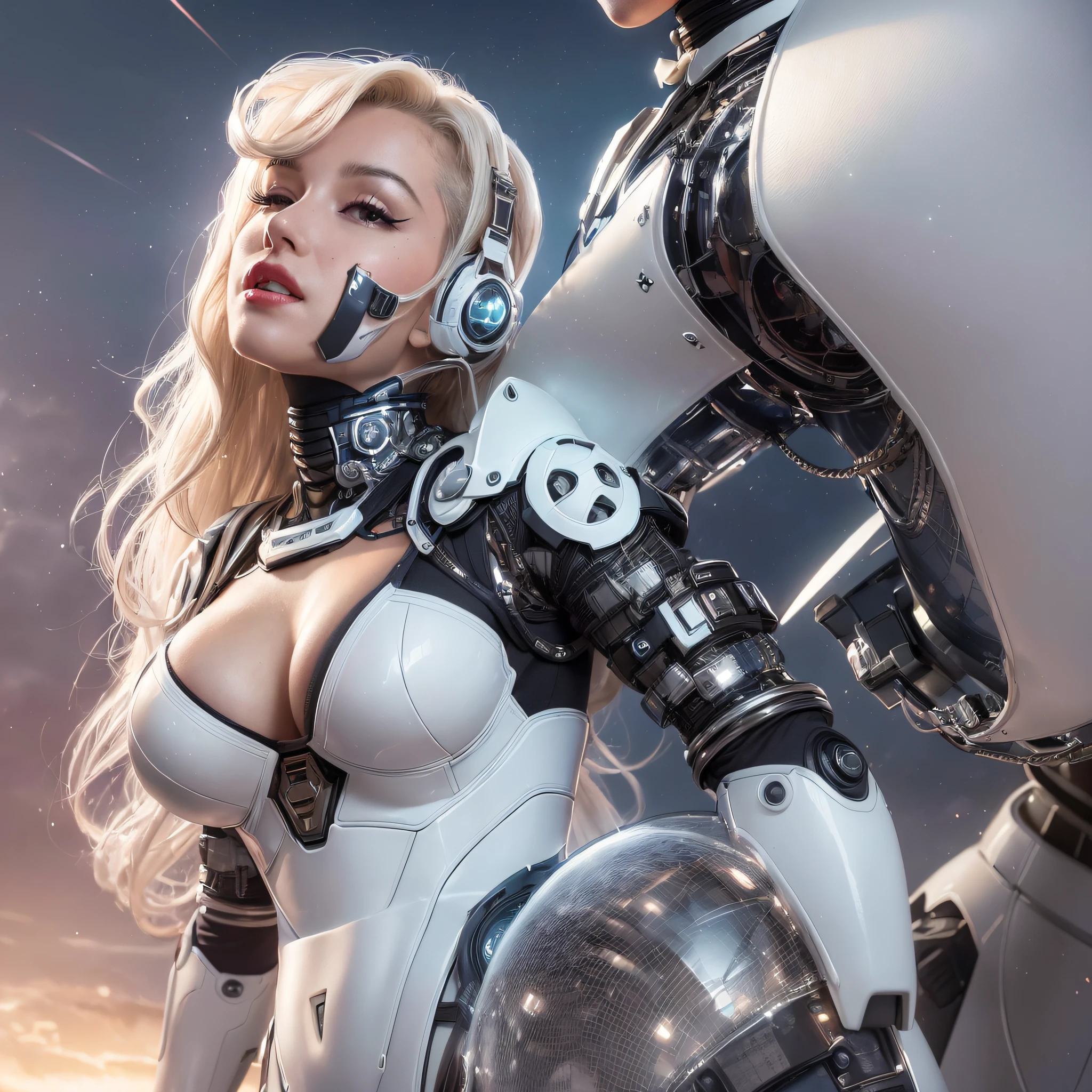 (Top Quality, 8k, 32k, Masterpiece, UHD: 1.3), (Charming Marilyn Monroe Face: 2.5), One Woman, American Woman, ((Big: 1.4)), (Wavy White Hair), Abs, Perfect Body, Ultra Detailed Face, Wearing Makeup, Detailed Red Lips, Double Eyelids, (Seductive), ((Excited: 1.5)), ((Areola Slip)), (In estrus)), ((()), Sexy girl, big, astounding beauty, floating light particles, (floating big light particles: 2.5), angle from the side (looking at the camera), mecha cyber armor girl, white mecha, female mech, mechanized valkyrie girl, beautiful black girl cyborg, armor girl, sci-fi android woman, wearing sci-fi military armor, White futuristic armor, gorgeous female paladin, mechanized soldier girl