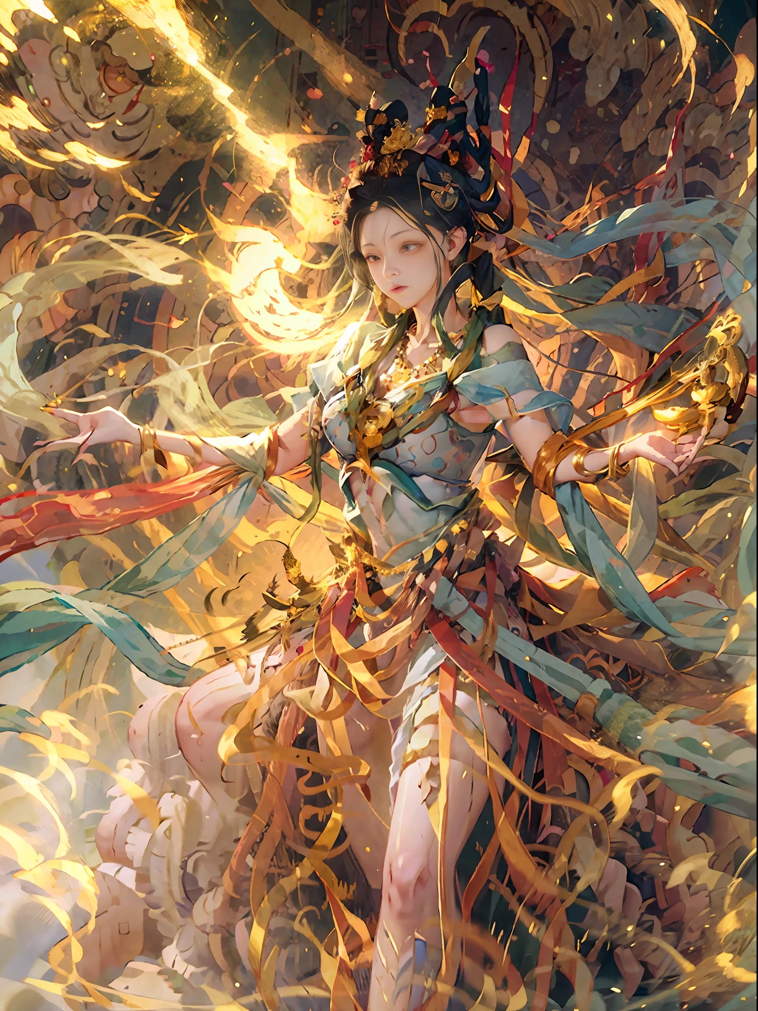 (8k, RAW photo, best quality, masterpiece:1.2), (realistic, photo-realistic:1.4), (extremely detailed CG unity 8k wallpaper), (dunhuang_dress:1.2), (1girl), (solo:1.1), (full body:1.2), medium breasts, (long floating hair), jewelry in hair, extremely detailed, (dancing:1.4), (floating ribbon:1.6), wind, (style-swirlmagic:1.1), (rainbow-candy:0.85), china landscape, fantastic, spectacular, (fog:1.4), cloud, sun, desert,