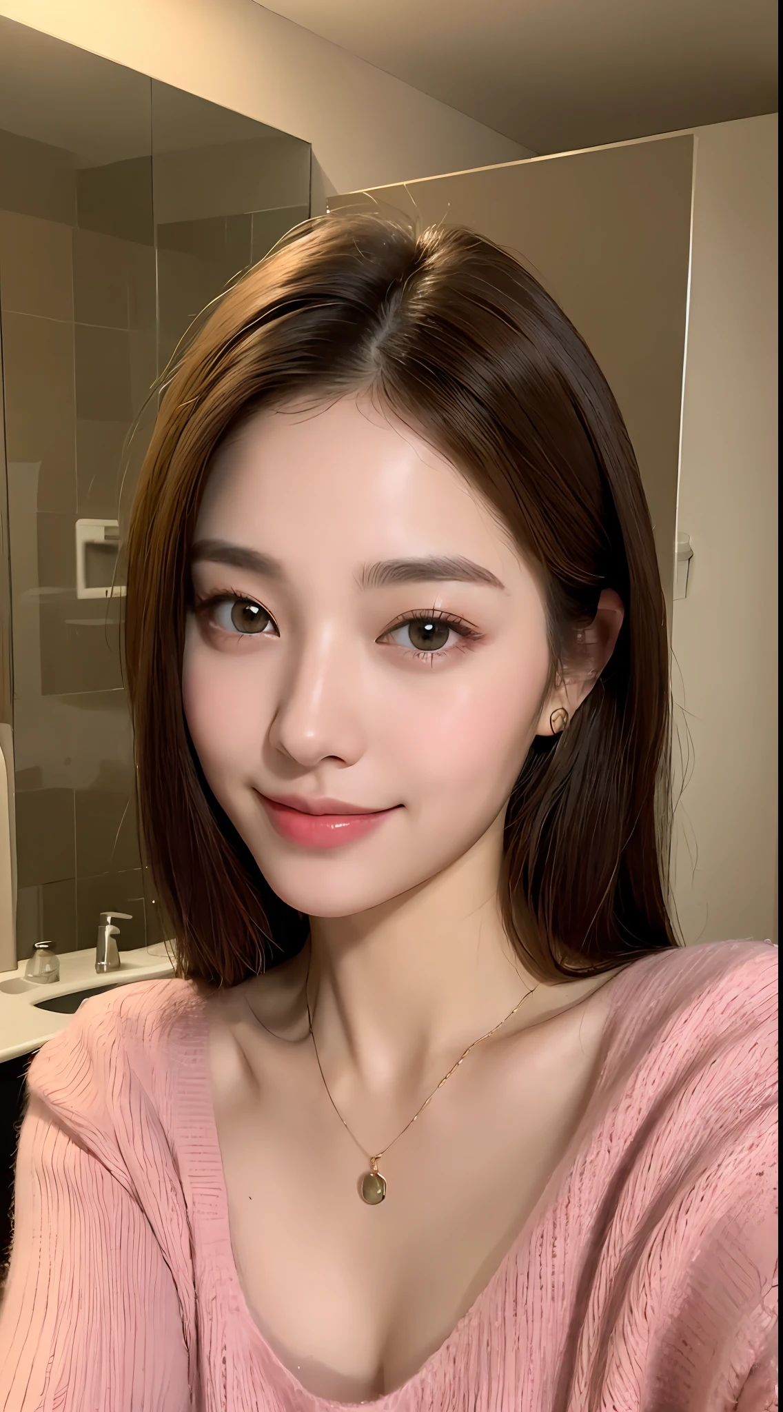 ((Night, Realistic Light, Best Quality, 8K, Masterpiece: 1.3)), 1girl, Slim Beauty: 1.4, Abs: 1.1, (Brown hair, Medium breasts: 1.3), Long pink sweater: 1.1, Bathroom, Super fine face, Delicate eyes, Double eyelids, smile, necklace