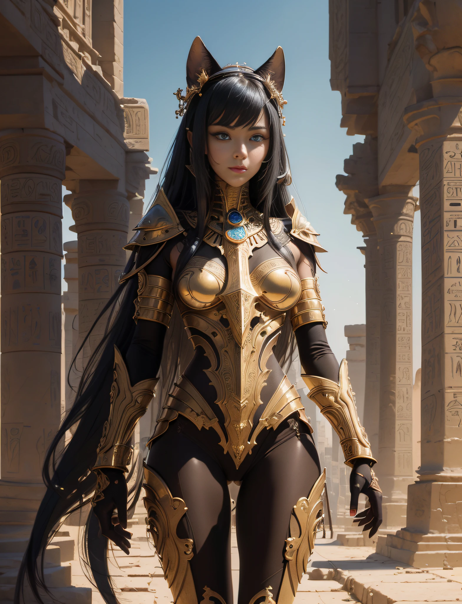 [Detailed illustrations, art based on extremely ideal anatomy, very detailed and detailed drawings, slow and delicate lines, realistic texture expression],((Color tressed lines)),(Artwork with outstanding craftsmanship),(Ruins background (Ancient Egypt)),[HENTAI ANIME Girl Beauty Cyborg 16 years old] (Large, seductive hanging eyes) Lustrous black hair Tanned skin,( Bastet) Cybernean golden armor with carved decoration ((Transcendent Craftsmanship Decoration)) (Elegant,Gorgeous golden luster ((polished reflective luster)),Gorgeous Luxur),Orparts Lost Technology (Hierograph),Gravure,(Science Fiction Mechanical Bioengineering),((Fine and beautiful skin expression (transparency))),(Perfect and beautiful face,Realistic face details),( Perfect Eye (Realistic Eye Details (Beautiful Iris Drawn in Detail) (Sharp Pupil))),(Perfectly proportioned proportions)),(Design built to a high level,((Advanced Structural Understanding)),Ideal Color Coordination),(Complex Decoration (Ultra-dense Detail))),(Detail,High Definition),[Ultra Precision Detail,HighQuality,High Resolution,(( Multi-layered texture)]], ((Accurate simulation of the interaction between light and material, understanding of air flow, mechanically correct representation)),(((Visual art with a sense of narrative)).