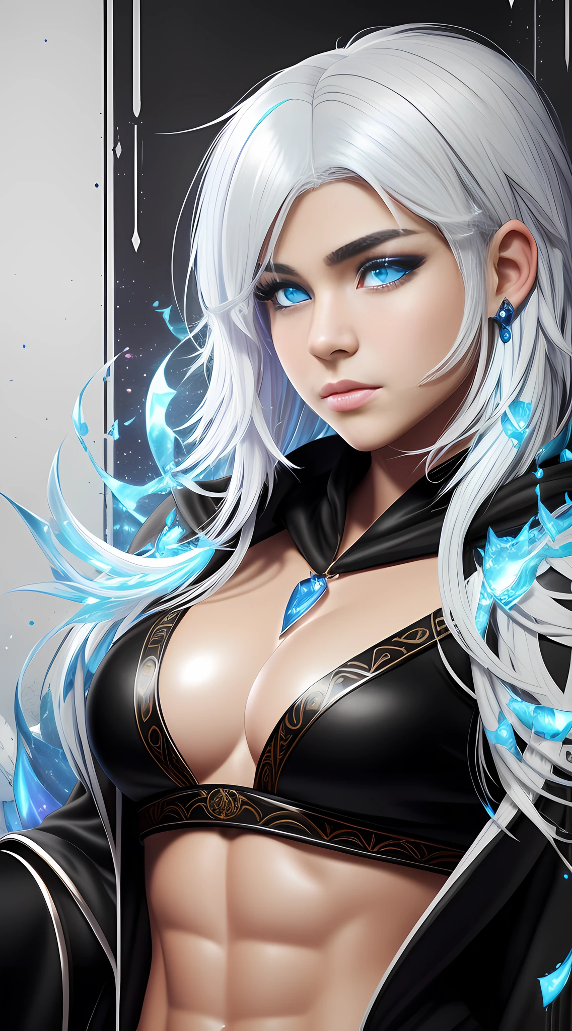 cyberpunk girl, fantasy world, dark background, clean design, epic Instagram, artstation, colorful paint splash, silhouette, ultra-detailed intricate details, Unreal engine, fantasy, complex details, splash screen, complementary colors, fantasy concept art, 8k resolution, deviantart masterpiece, oil painting, heavy stroke, paint dripping, (isolated on white background: 1.3), rainbow skin, (((handsome young man))), (( teenage:1.5)), (glowing blue eyes), ((eyes with light)), (((short white hair: 1.1))), ((black)), (princess \\(indifferent expression\\), (((wearing high-detail and diverse luxury black robes))), white hair, (abs) (large pectoral muscles)