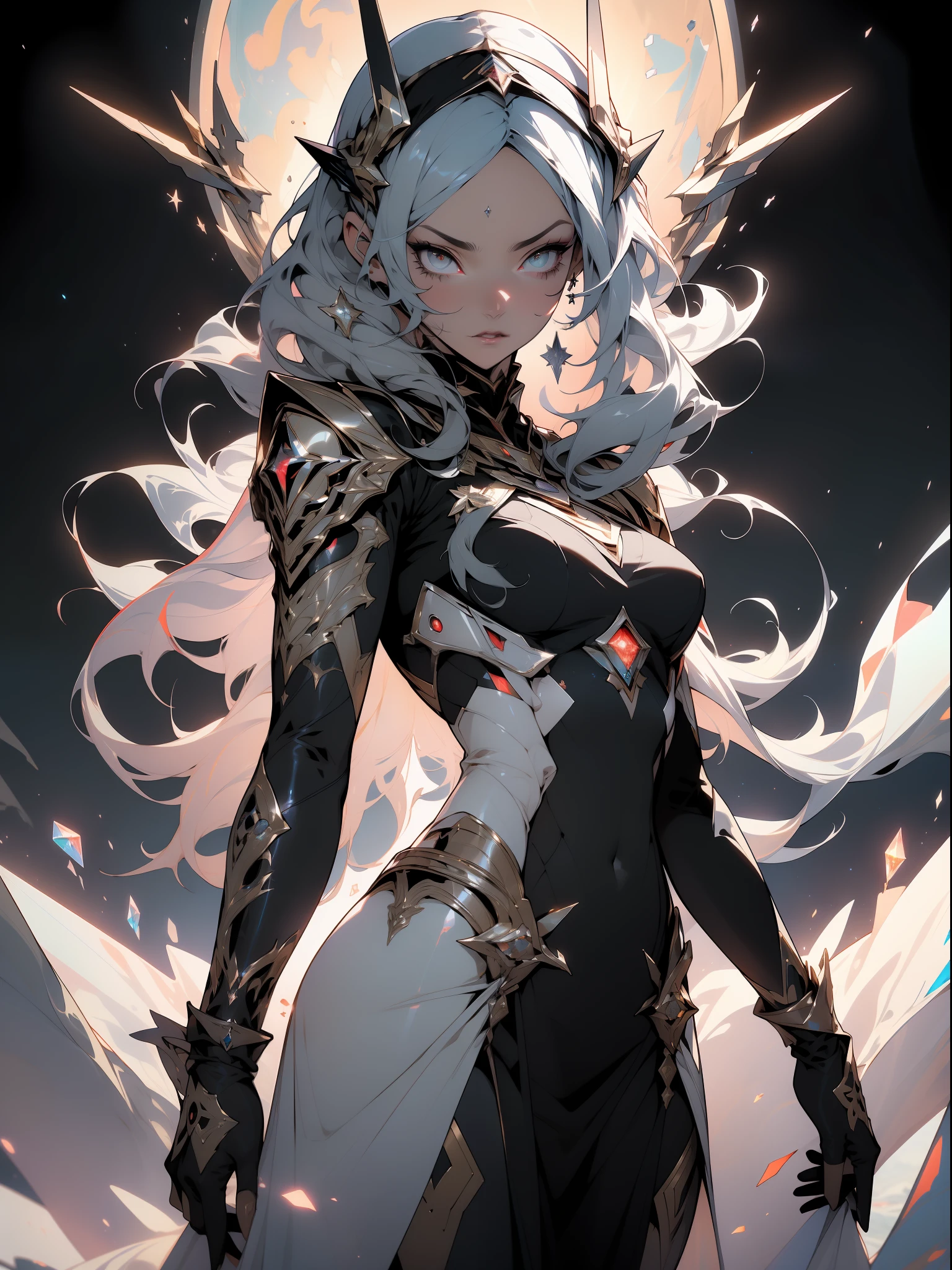 ((Best quality)), ((masterpiece)), (detailed: 1.4), (Absurd), angry princess, ((action pose)), (((black Muslim woman wearing long black dress with crystal ornaments, face covered)))), (((burqa))), (((back))), ready for war, dark skin, black middle eastern woman, sculptural body with defined muscles, closed mouth, muscular body covered by a Hoyoverse-style technological dress, Honkai Impact,  Geishin Impast, technological veil covering the face, Veil covering the head, whole body covered by clothing, holding two scimitars, ((small breasts)), (eyes with heavy makeup and very black without pupils), ((black and gold clothing with small red details)), (((short black hair)), (Arabic inscriptions on the arms), ((designs of golden stars on the arms)), very long eyelashes, heavy eye makeup,  lots of jewelry, by mucha, niji --V5, close to real, psychopathic, crazy face, sexy pose, background with a giant Gundam style robot head, 2 piece clothing, diamond shoulder pads, pastel, centered, scale to fit dimensions, HDR (High Dynamic Range),Ray Tracing,NVIDIA RTX,Super-Resolution,Unreal 5,Subsurface dispersion, PBR texture, Post-processing, Anisotropic filtering, Depth of field,  Maximum clarity and sharpness, Multilayer textures, Albedo and specular maps, Surface shading, Accurate simulation of light-material interaction, Perfect proportions, Octane Render, Two-tone lighting, Wide aperture, Low ISO, White balance, Rule of thirds, 8K RAW, crysisnanosuit